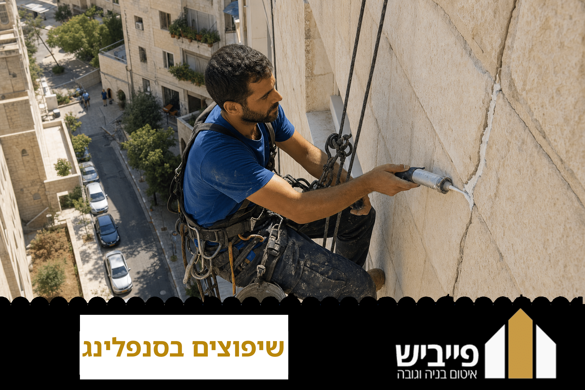 מומחה מבצע שיפוצים בסנפלינג על חזית בניין בירושלים תוך שימוש בציוד בטיחות מקצועי ורתמת גוף מלאה