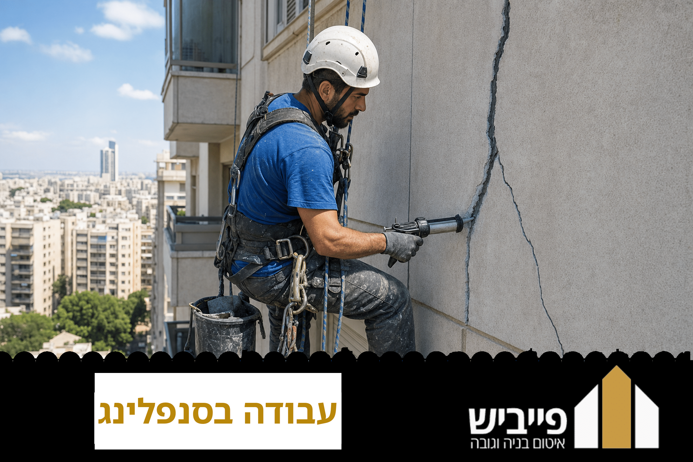 עובד מוסמך מבצע עבודה בסנפלינג על חזית בניין גבוה, עם ציוד בטיחות מלא וחבלים כפולים
