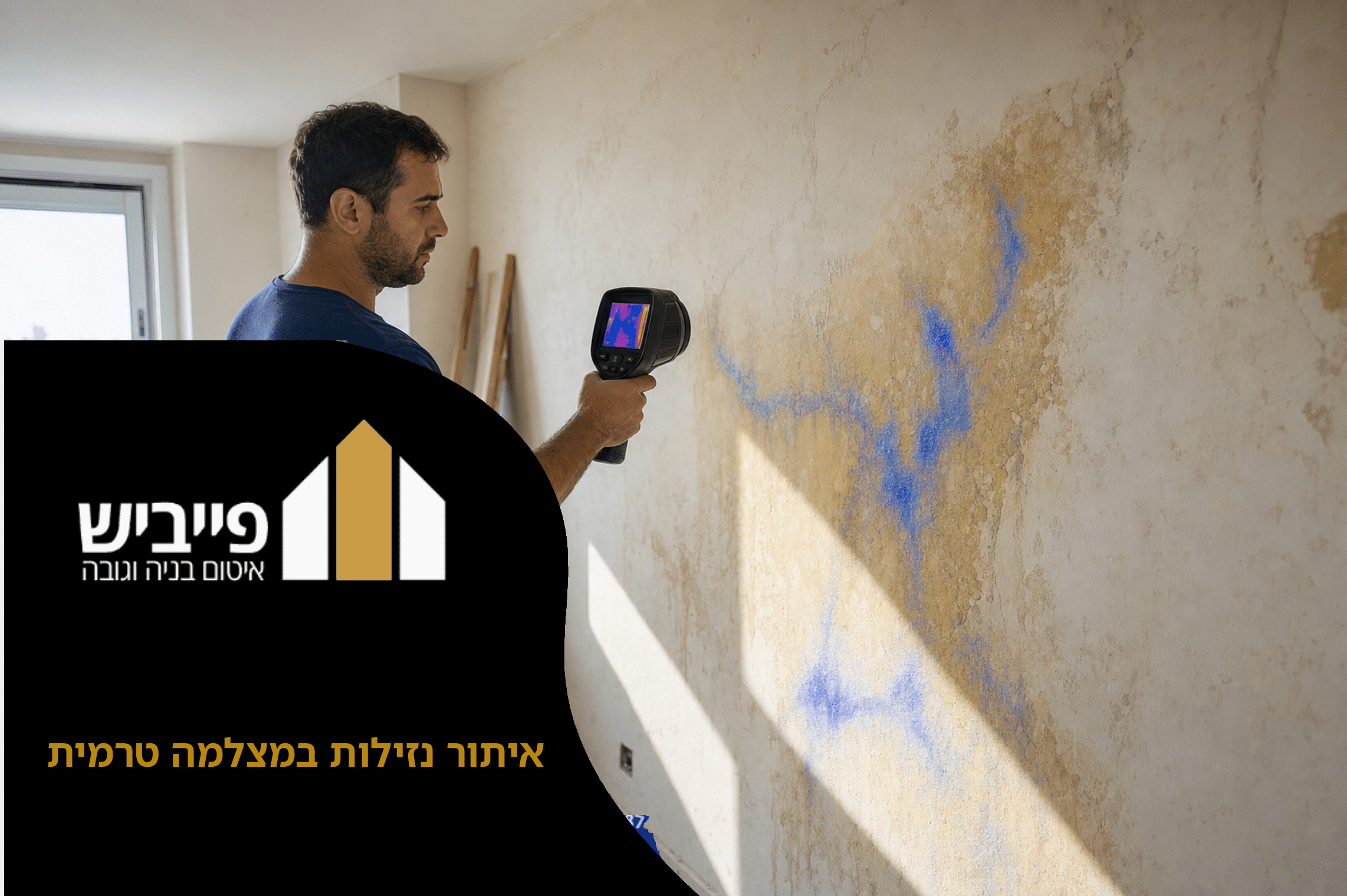 איתור נזילות במצלמה טרמית — תמונה תרמית של קיר עם נזילה סמויה, כתם כחול מסמן חדירת מים