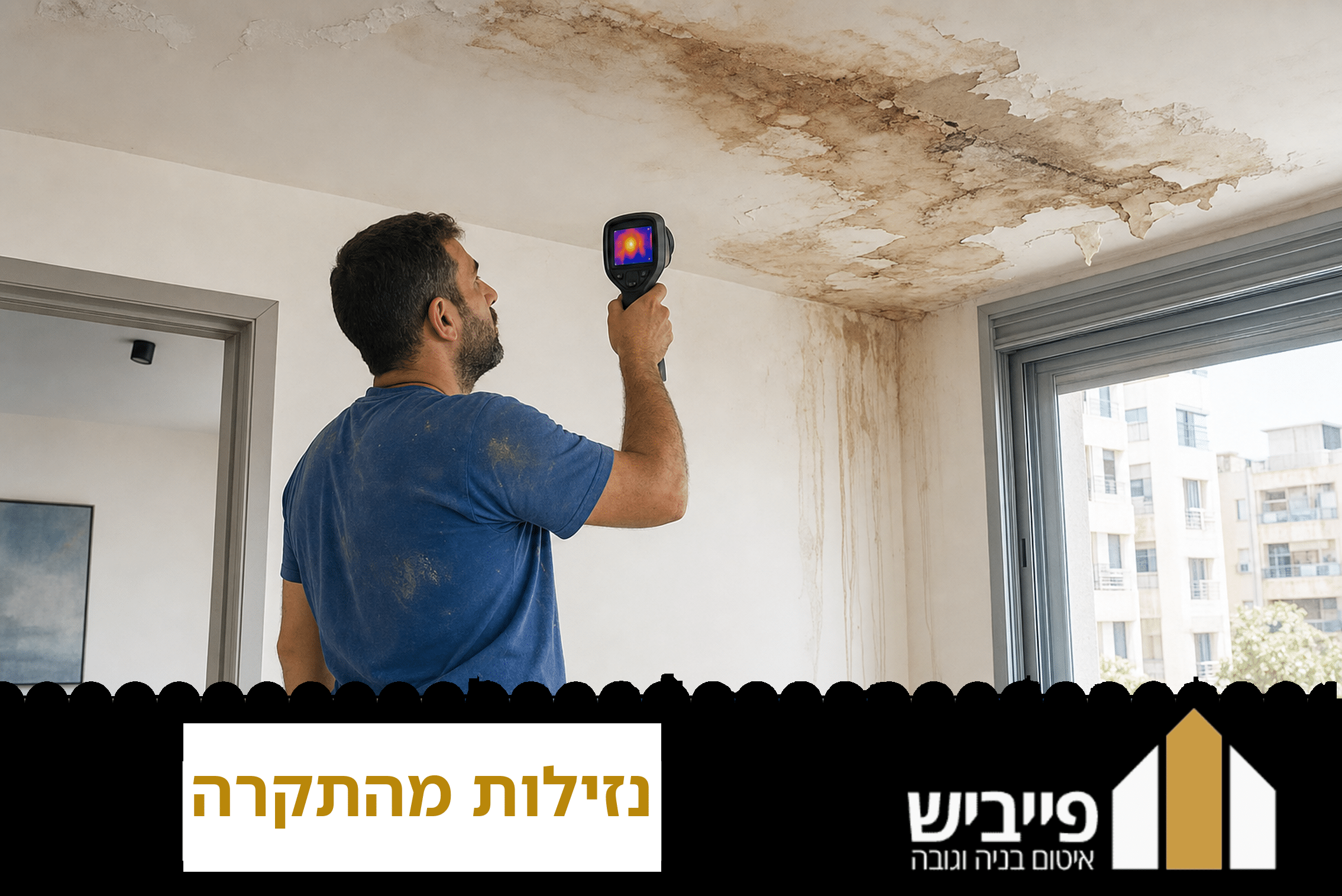 נזילות מהתקרה בדירה עם כתם רטיבות בולט וטיפות מים יורדות לרצפה