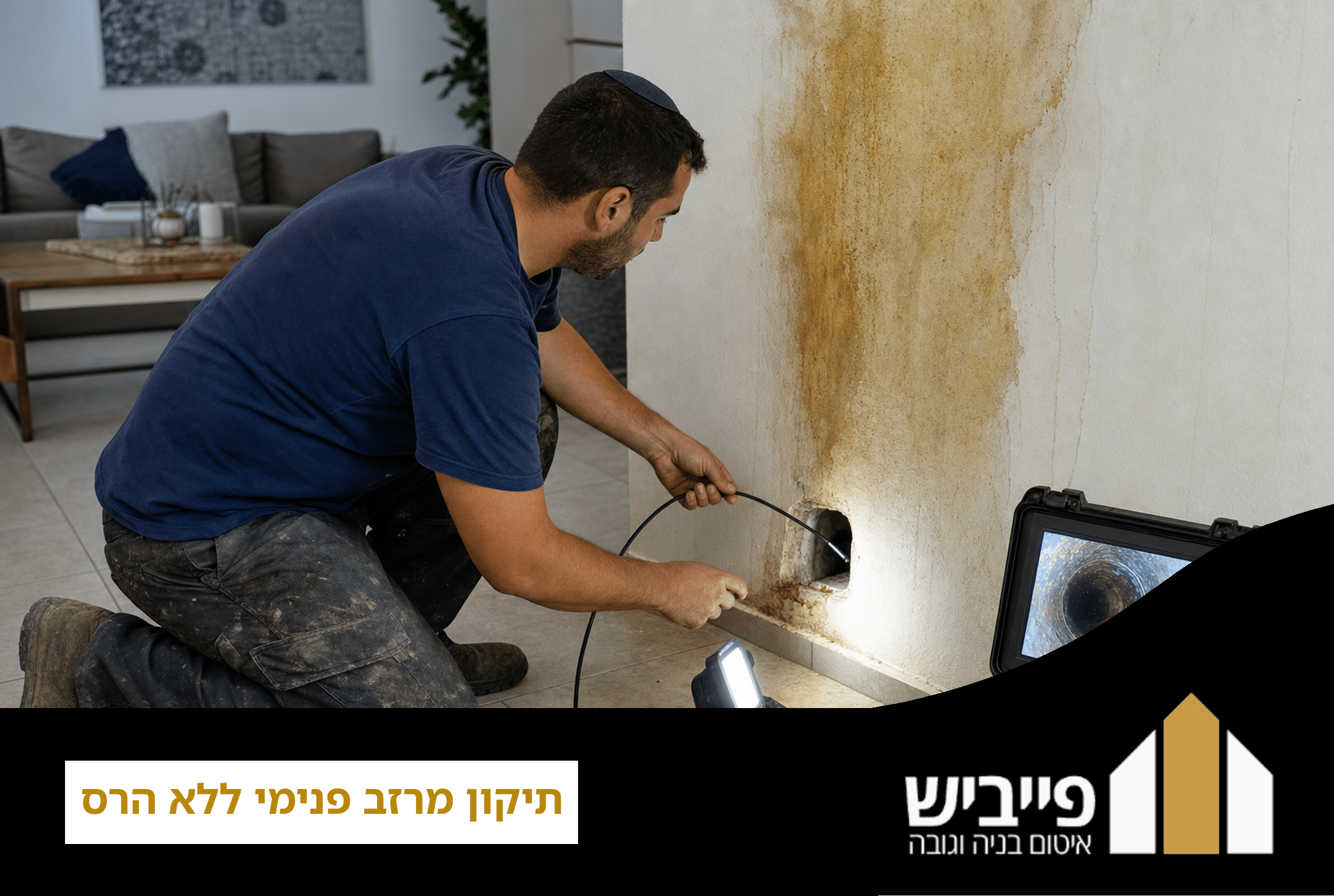 תיקון מרזב פנימי ללא הרס באמצעות מצלמה אנדוסקופית והזרקת שרף, צילום תהליך עבודה של פייביש איטום בנייה וגובה