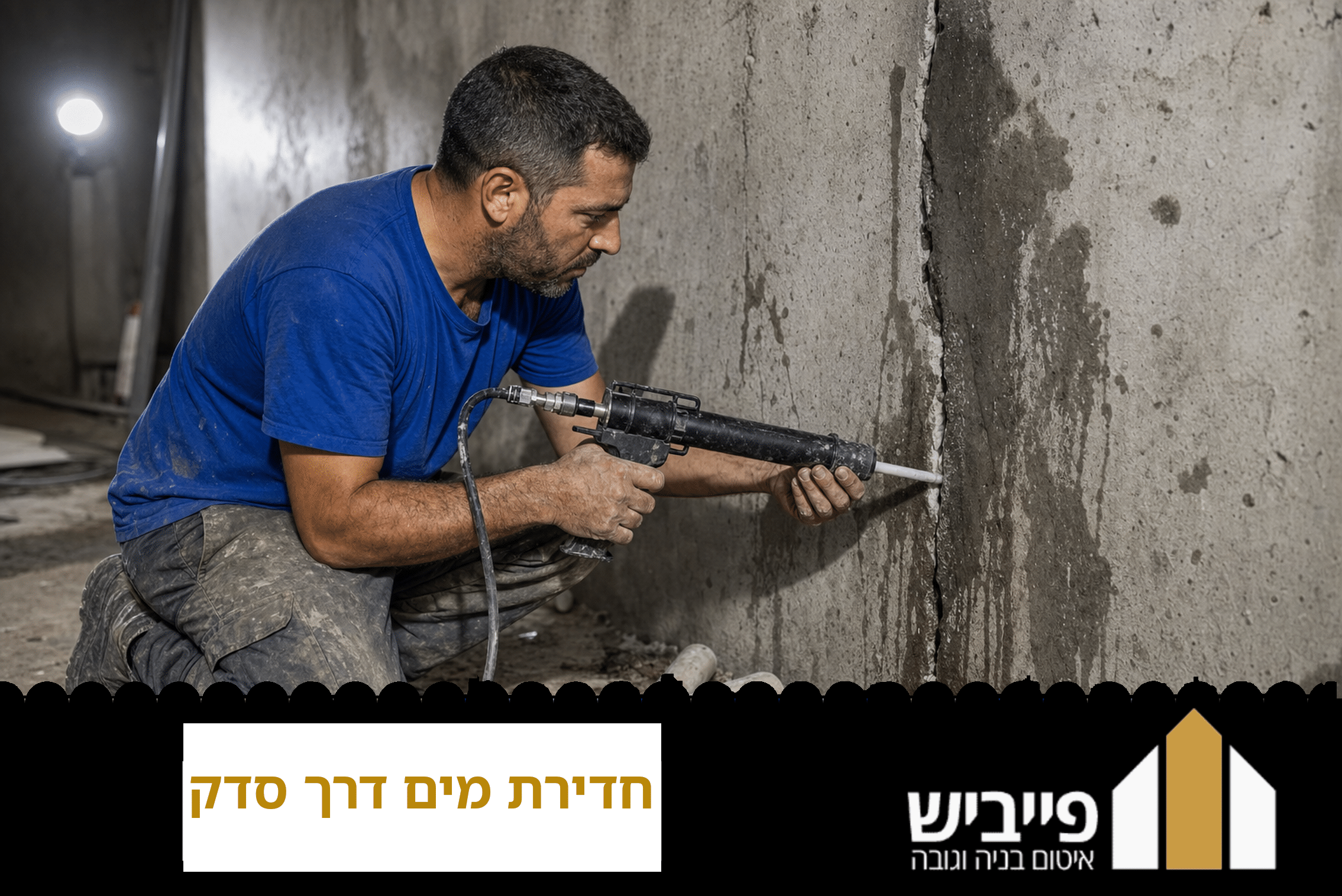 חדירת מים דרך סדק בקיר בטון עם כתם רטיבות — דוגמה לבעיה שדורשת איטום מקצועי על ידי פייביש