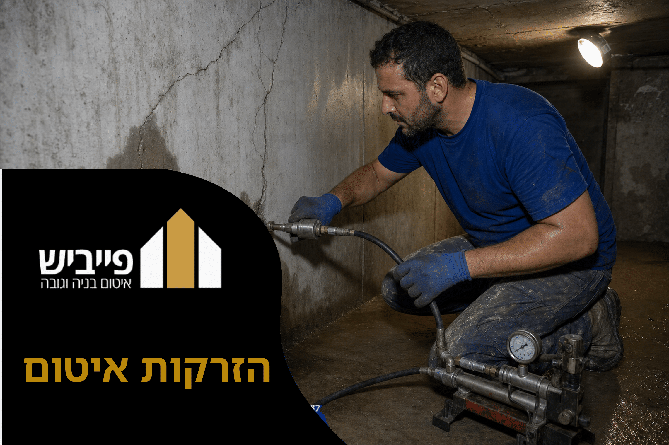הזרקות איטום בקיר בטון עם סדקים — קידוח חורים והזרקת פוליאוריטן לעצירת נזילות