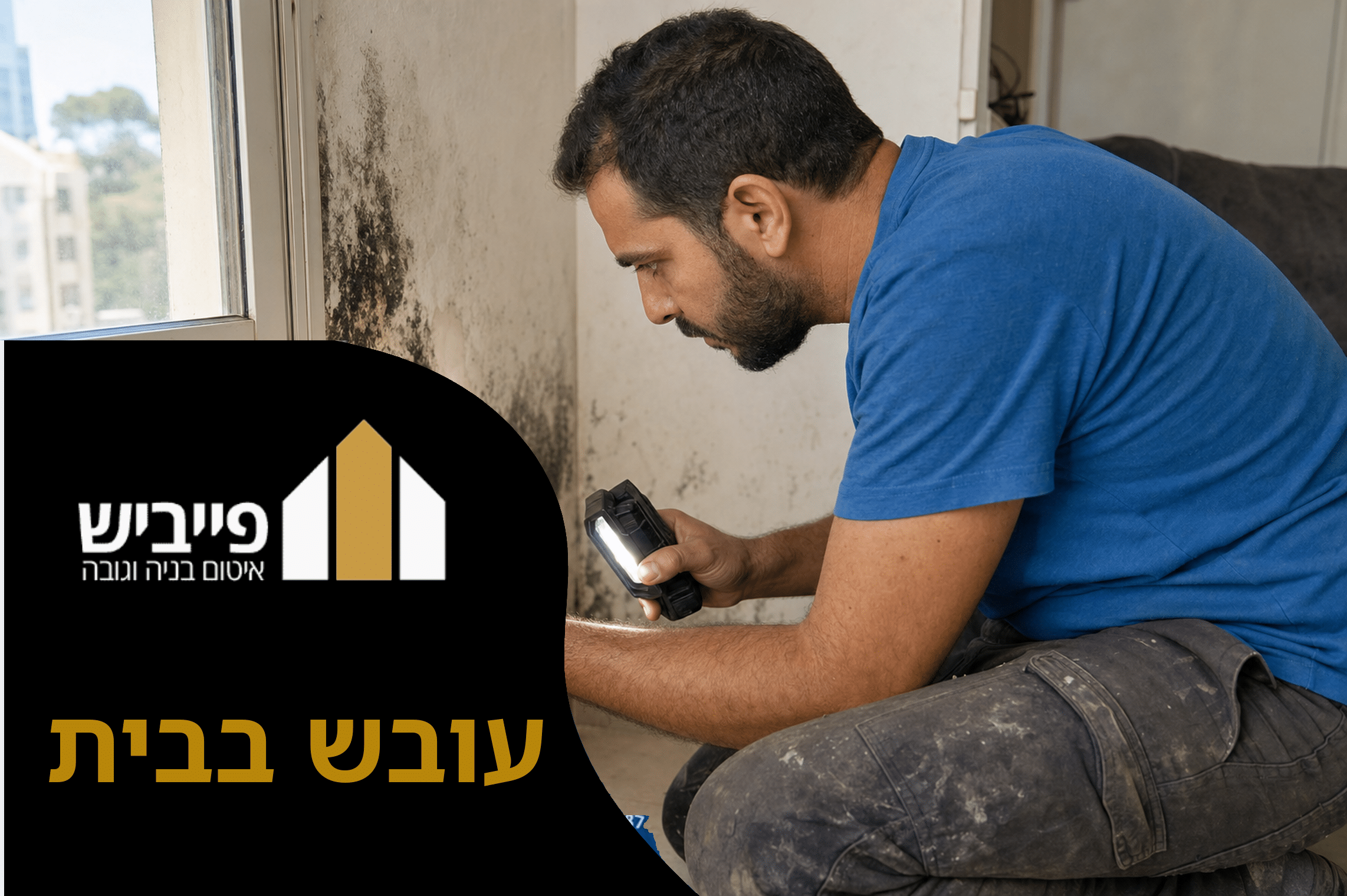 עובש בבית על קיר פינתי ליד חלון — כתם שחור מתפשט עקב לחות וקונדנסצי