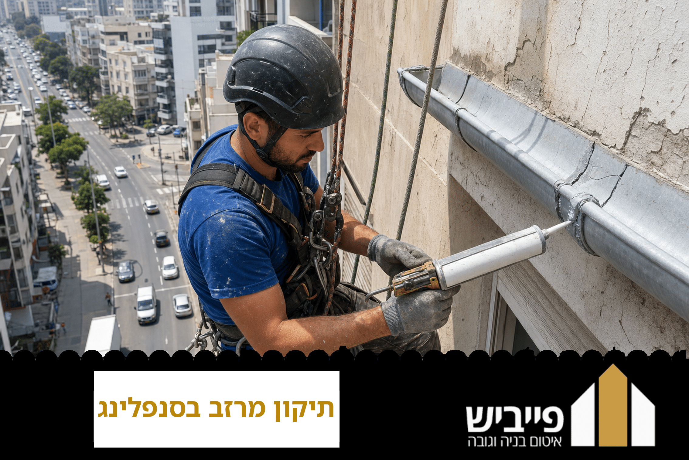 טכנאי סנפלינג מבצע תיקון מרזב חיצוני בגובה בניין רב קומות, תוך שימוש בחבלים וציוד בטיחות מאושר