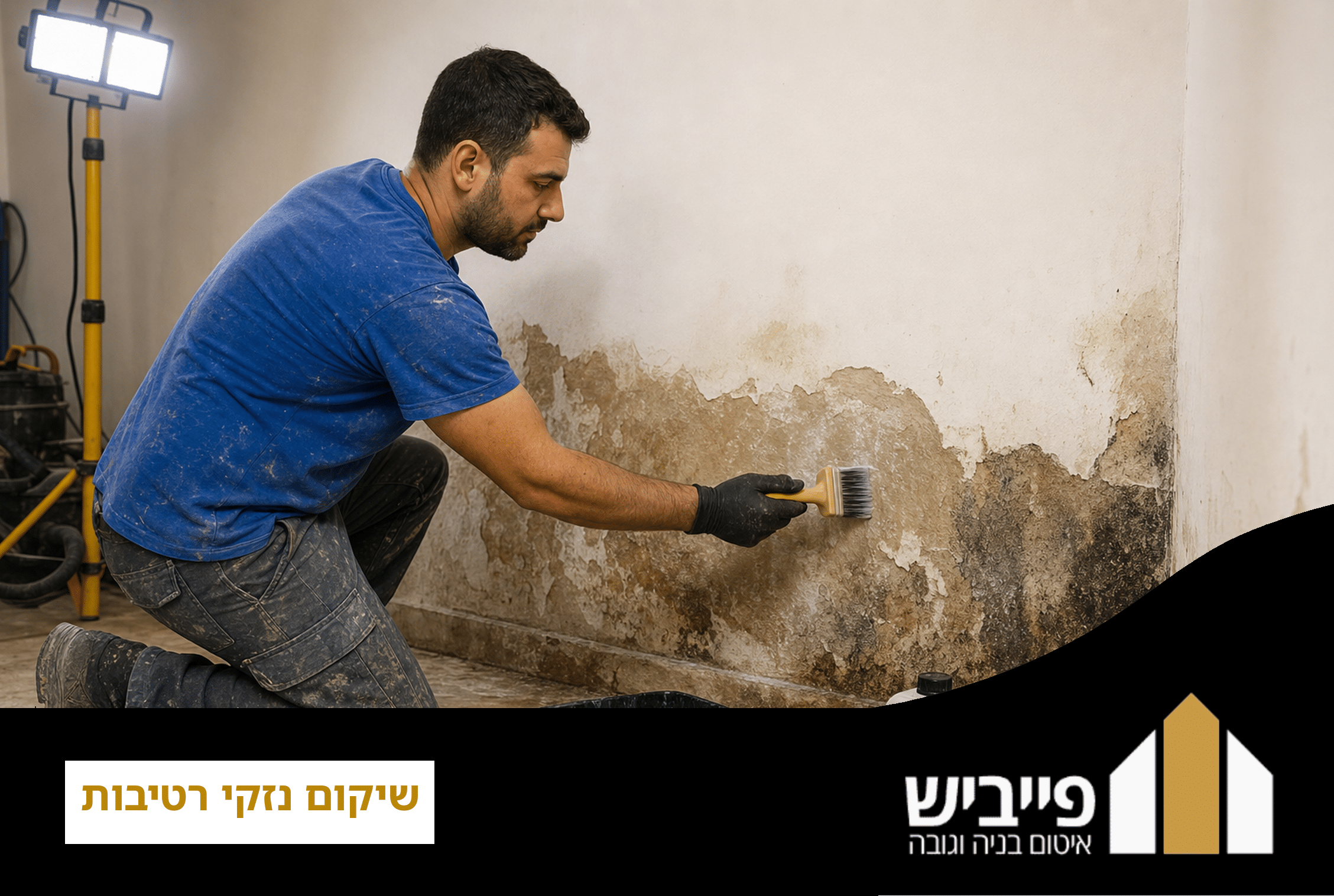 שיקום נזקי רטיבות בקיר חיצוני של בניין — טיפול מקצועי בסדקים ובעובש על ידי פייביש איטום בנייה וגובה