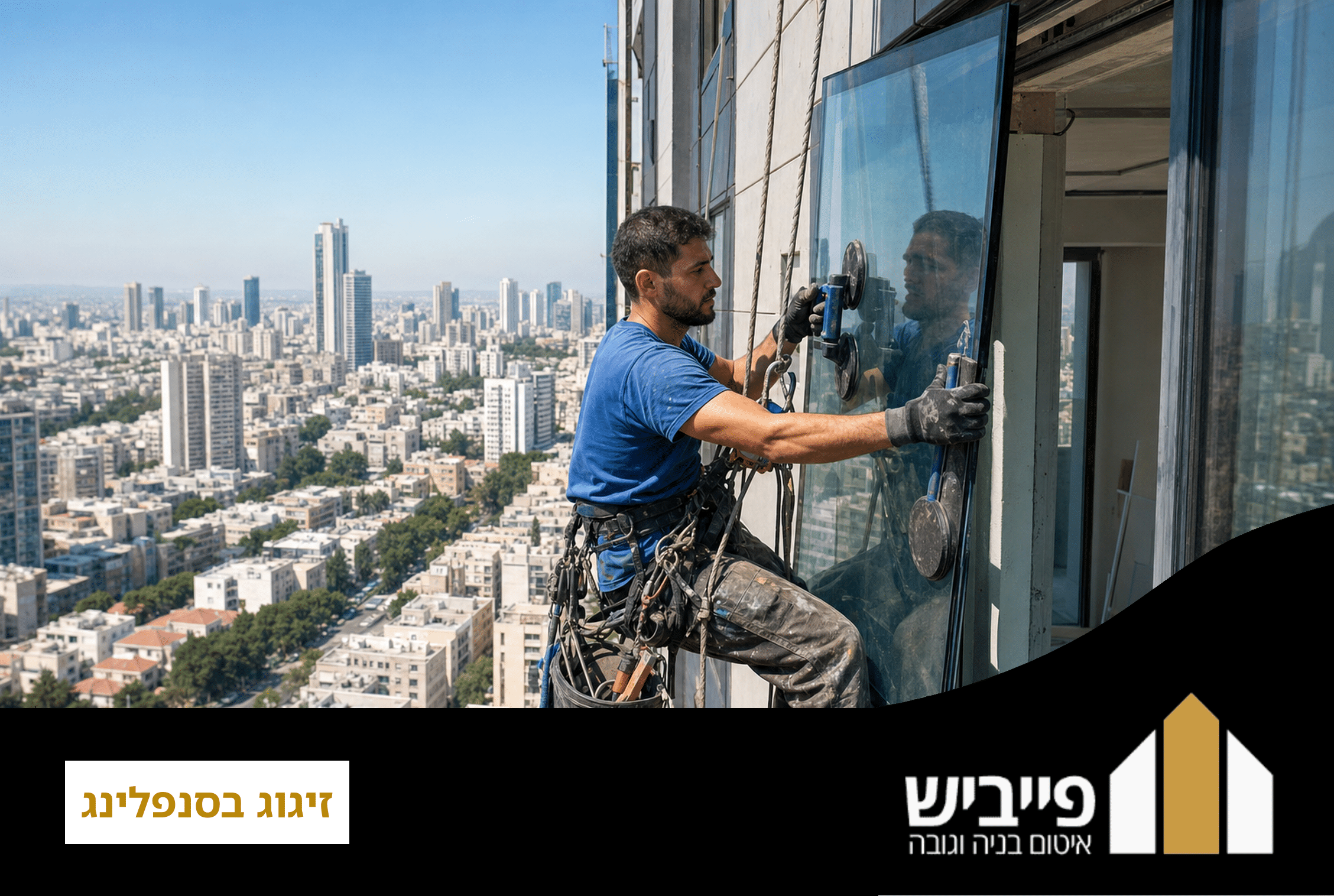 טכנאי מבצע זיגוג בסנפלינג על חזית מבנה גבוה עם זכוכית דו-שכבתית