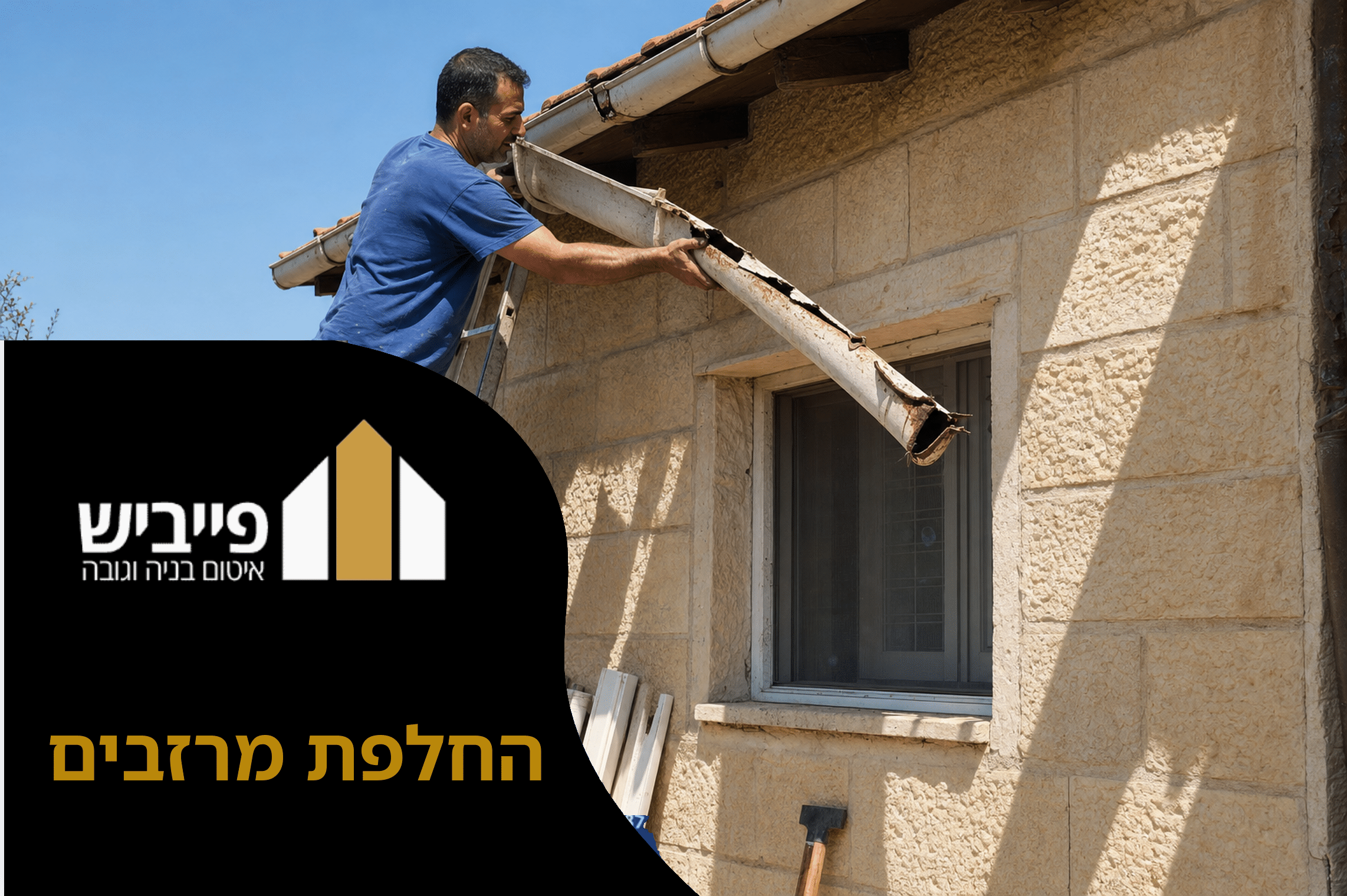 החלפת מרזבים מקצועית בבית פרטי עם מרזב PVC חדש ותושבות מעוגנות לקיר, פייביש איטום בנייה וגובה