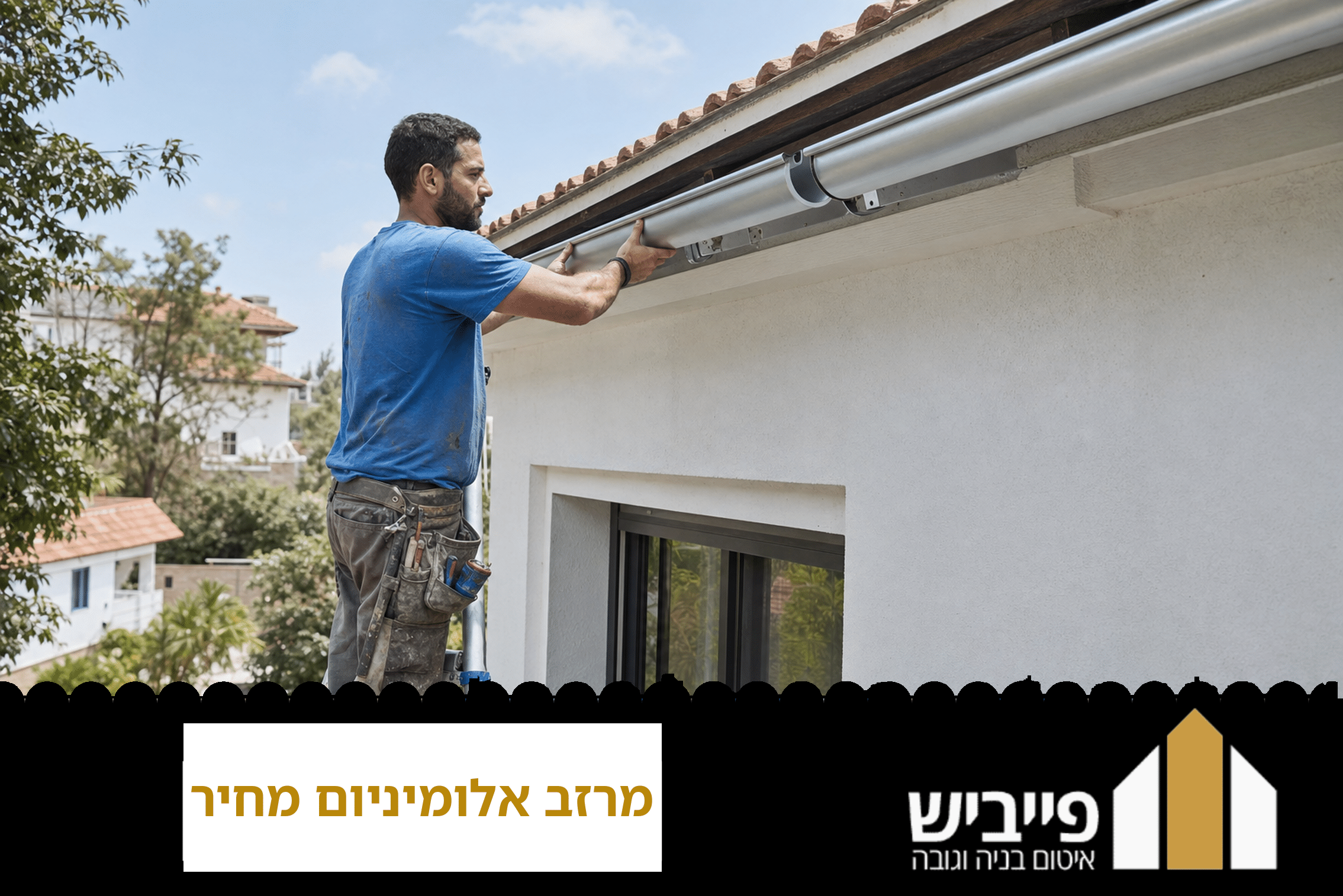 מרזב אלומיניום מותקן על גג בית חד-משפחתי עם ציפוי אלקטרוסטטי חום, מחובר לצינור ניקוז