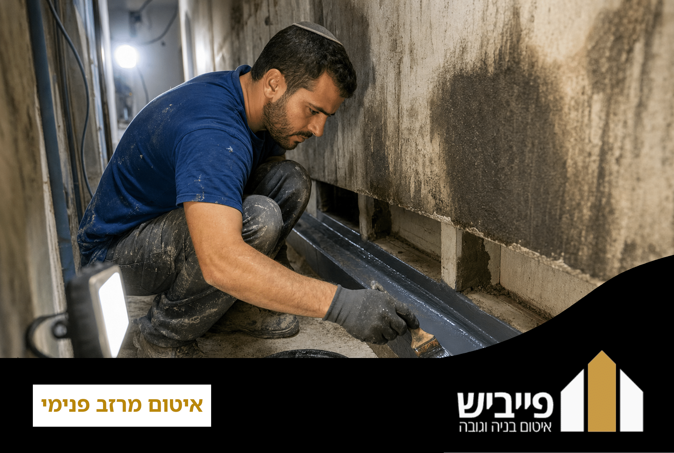 טכנאי מבצע איטום מרזב פנימי עם ציפוי פוליאוריטן בקיר בטון, פייביש איטום בנייה וגובה