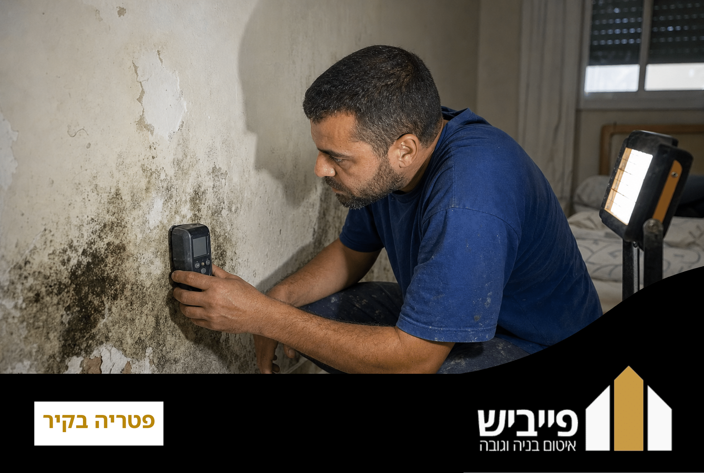 פטריה בקיר — כתם שחור על קיר פנימי בבית, מעיד על בעיית לחות וצורך בטיפול מקצועי