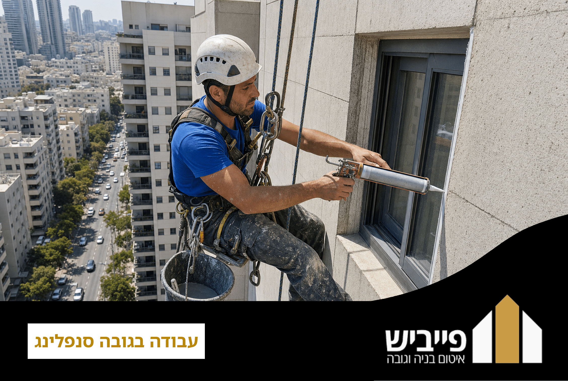 איש סנפלינג יורד בחבלים מגג בניין גבוה לביצוע עבודה בגובה עם ציוד בטיחות מקצועי ורתמת עבודה תקנית