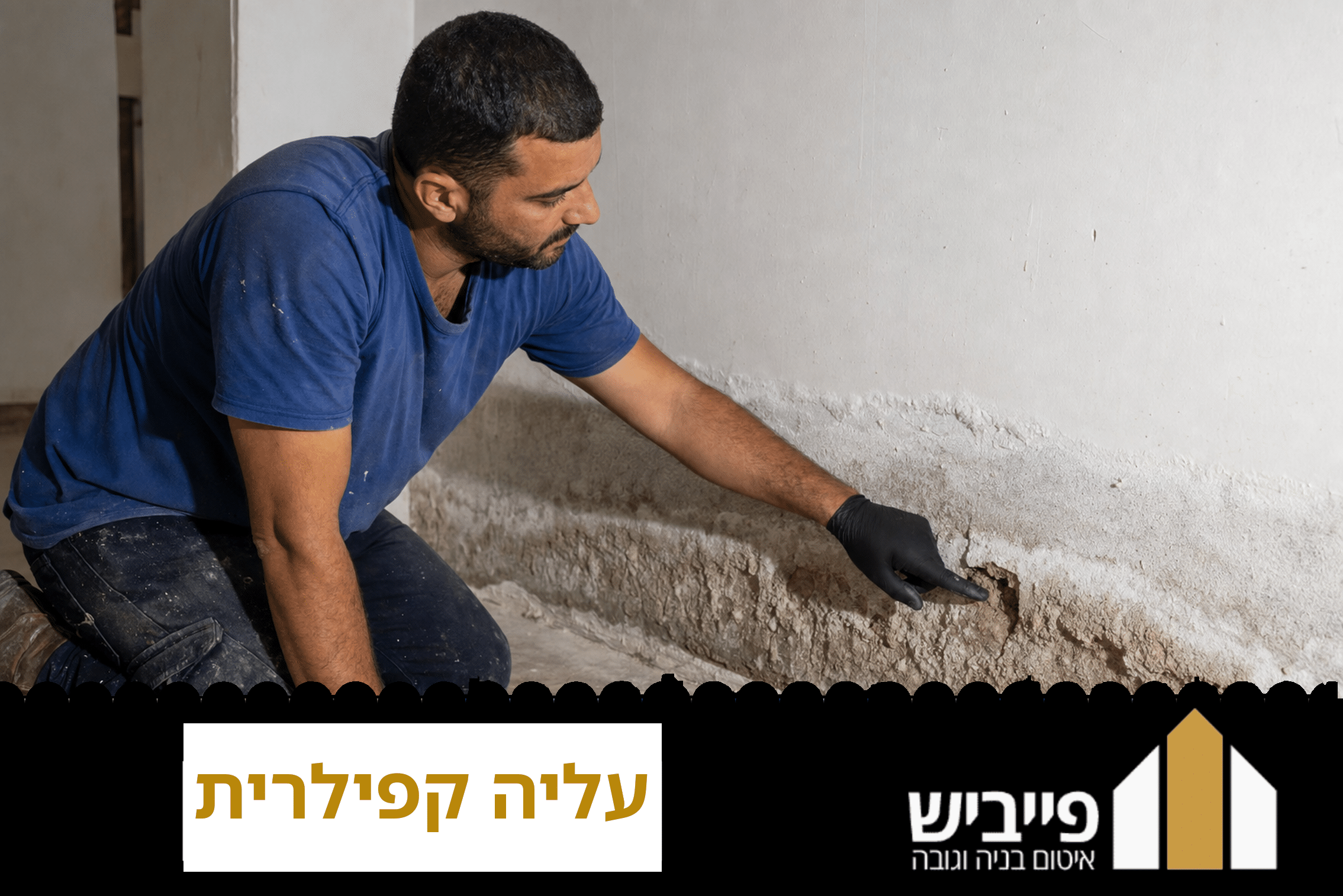 עליה קפילרית בקיר קרקע — כתמי לחות ופריחת מלחים בגובה 60 ס