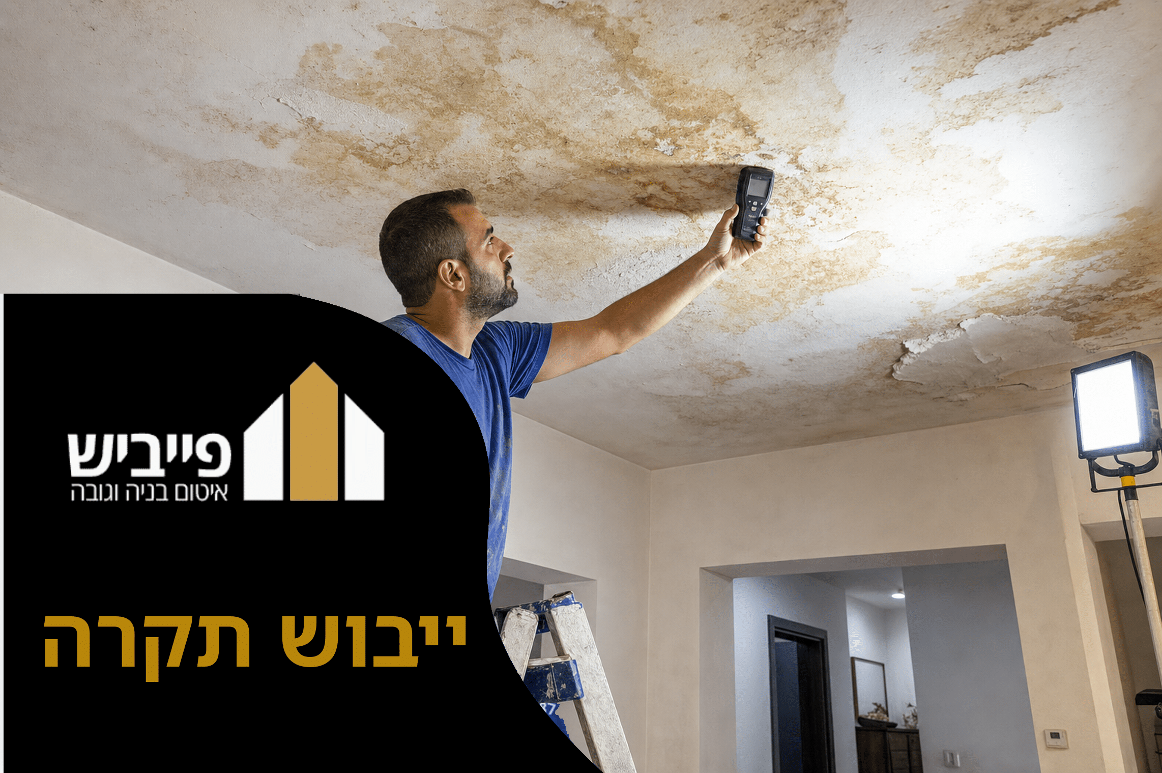 תקרה רטובה עם כתם חום וסימני עובש לפני תהליך ייבוש תקרה מקצועי על ידי פייביש