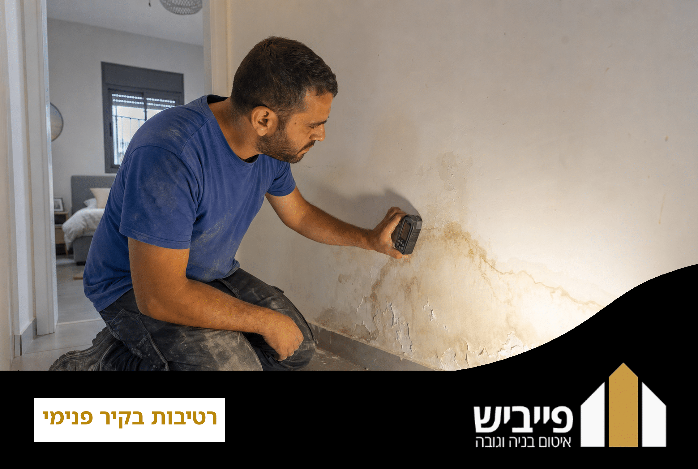 כתם רטיבות בקיר פנימי בצבע חום עם עובש — סימן לנזילה מהגג או מהחזית החיצונית