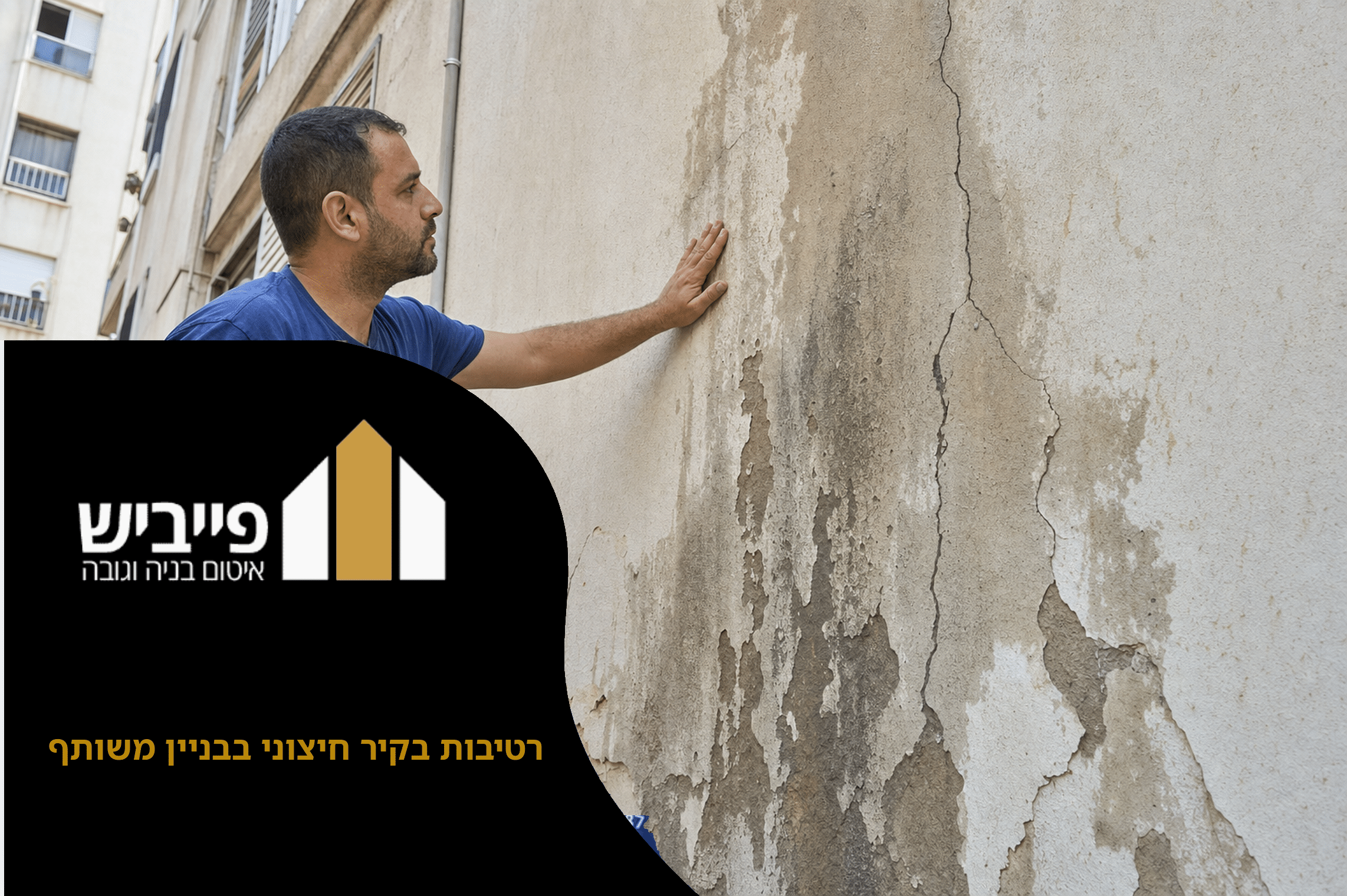 רטיבות בקיר חיצוני בבניין משותף עם כתם כהה על טיח לבן, סימן לנזילה מתמשכת שדורשת טיפול מקצועי מפייביש