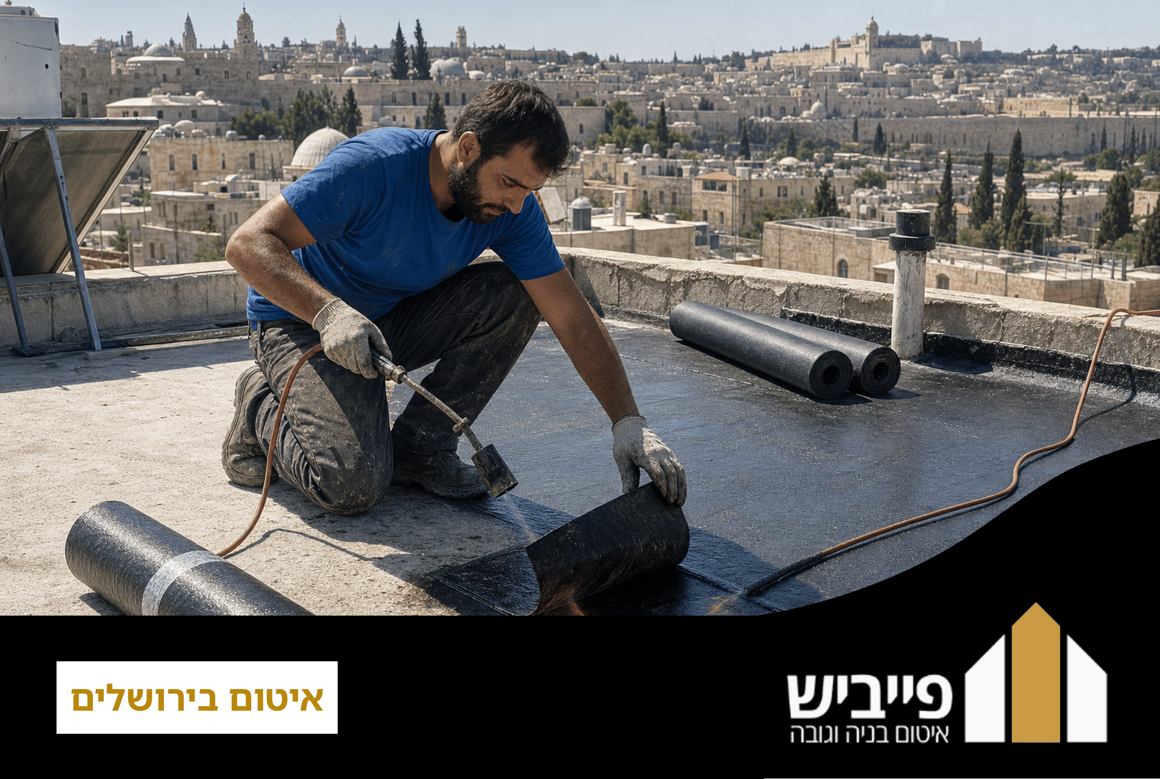 קבלן מבצע איטום גג בירושלים עם יריעות ביטומניות על רקע מבנה אבן ירושלמית