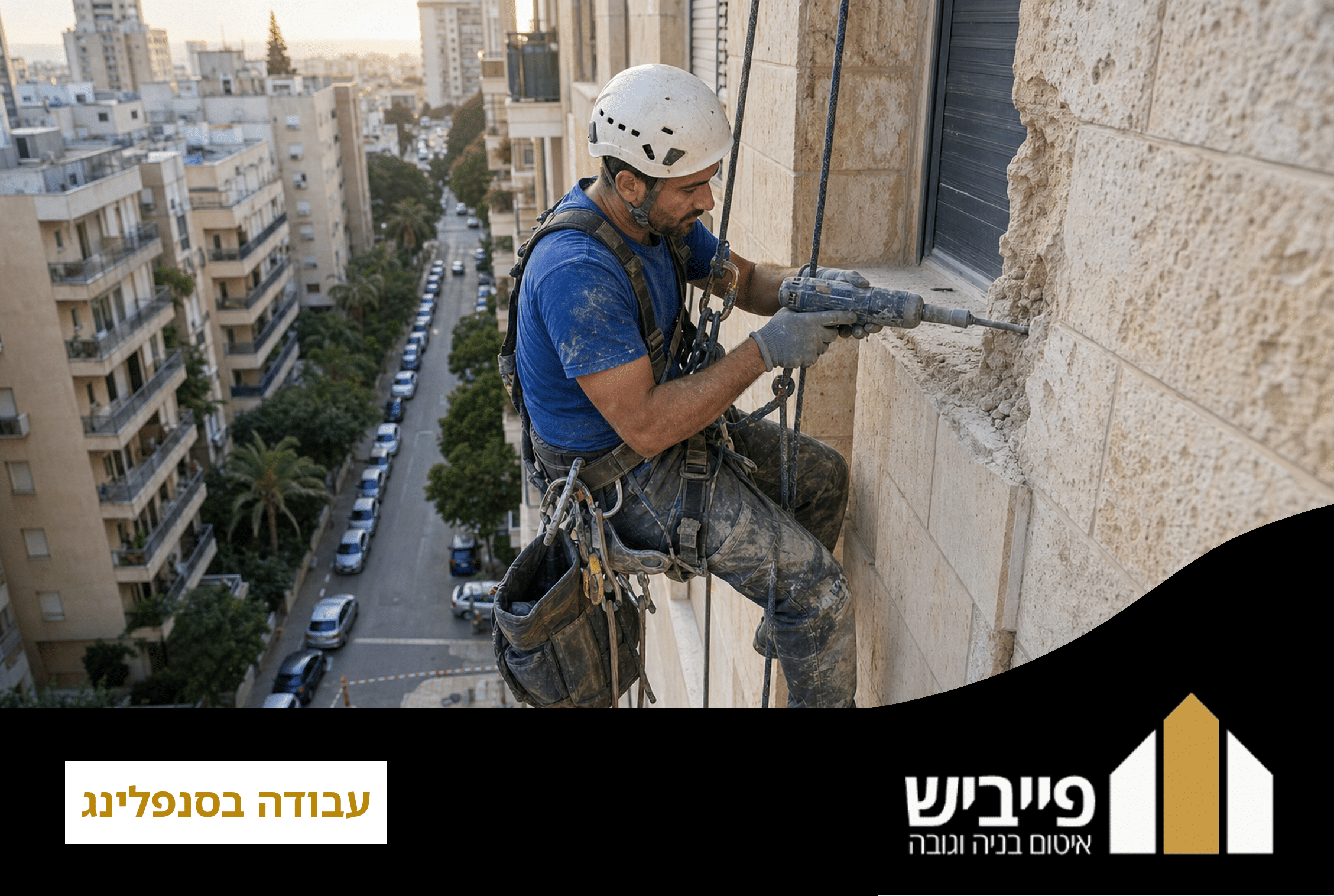 צוות פייביש בעבודת איטום וצביעה בגובה בשיטת סנפלינג, ללא פיגומים, בירושלים
