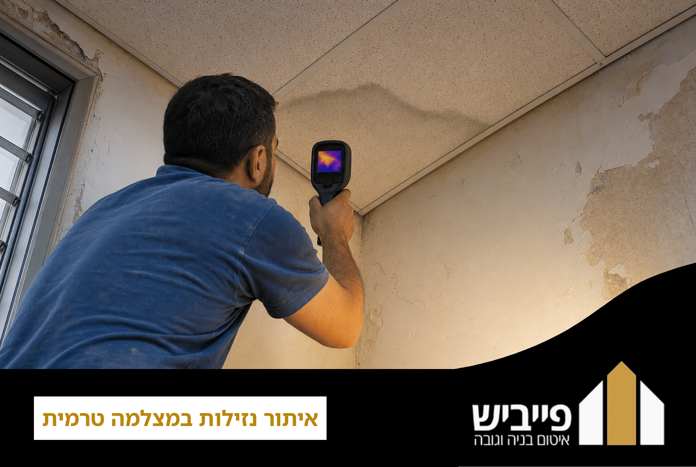 מצלמה טרמית מקצועית לאיתור נזילות במבנים — מציגה הפרשי טמפרטורה ונזילות נסתרות בקירות ותקרות