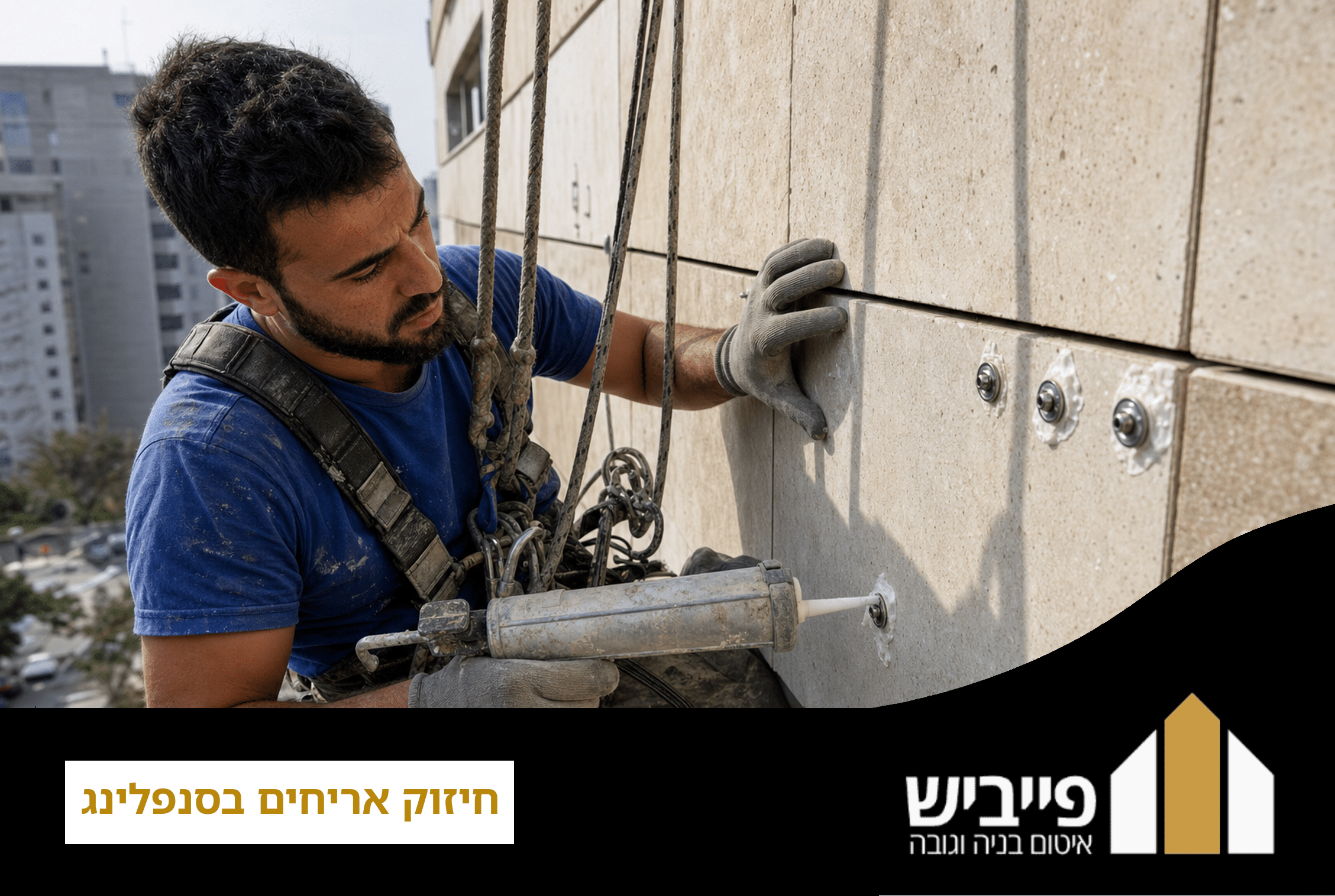 איש מקצוע בוצע חיזוק אריחים בסנפלינג בגובה עם ציוד אבטחה מאושר תקן ישראלי 1139