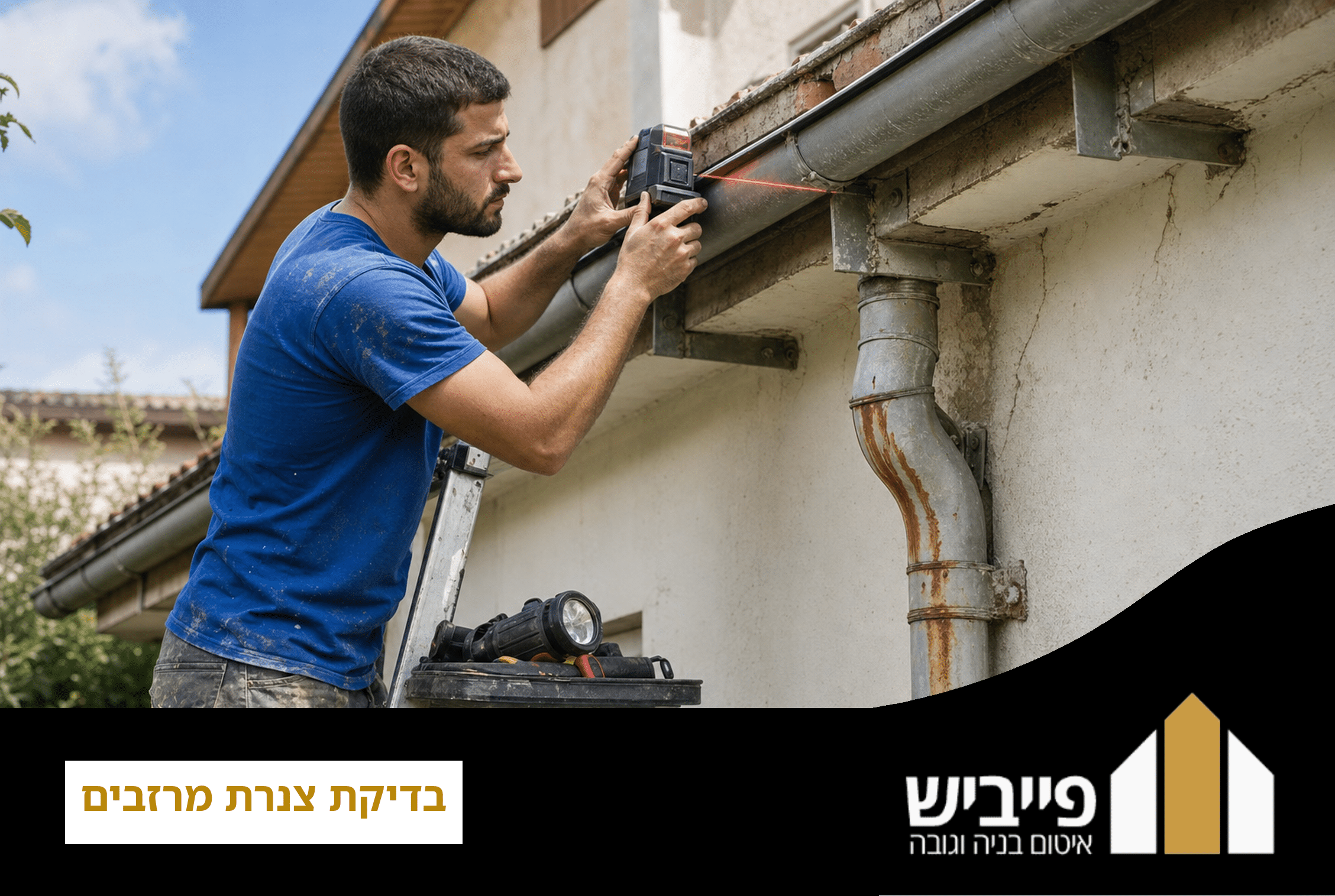 מומחה מבצע בדיקת צנרת מרזבים עם מד שיפועים ומצלמה פנימית — קבלן רשום 38555