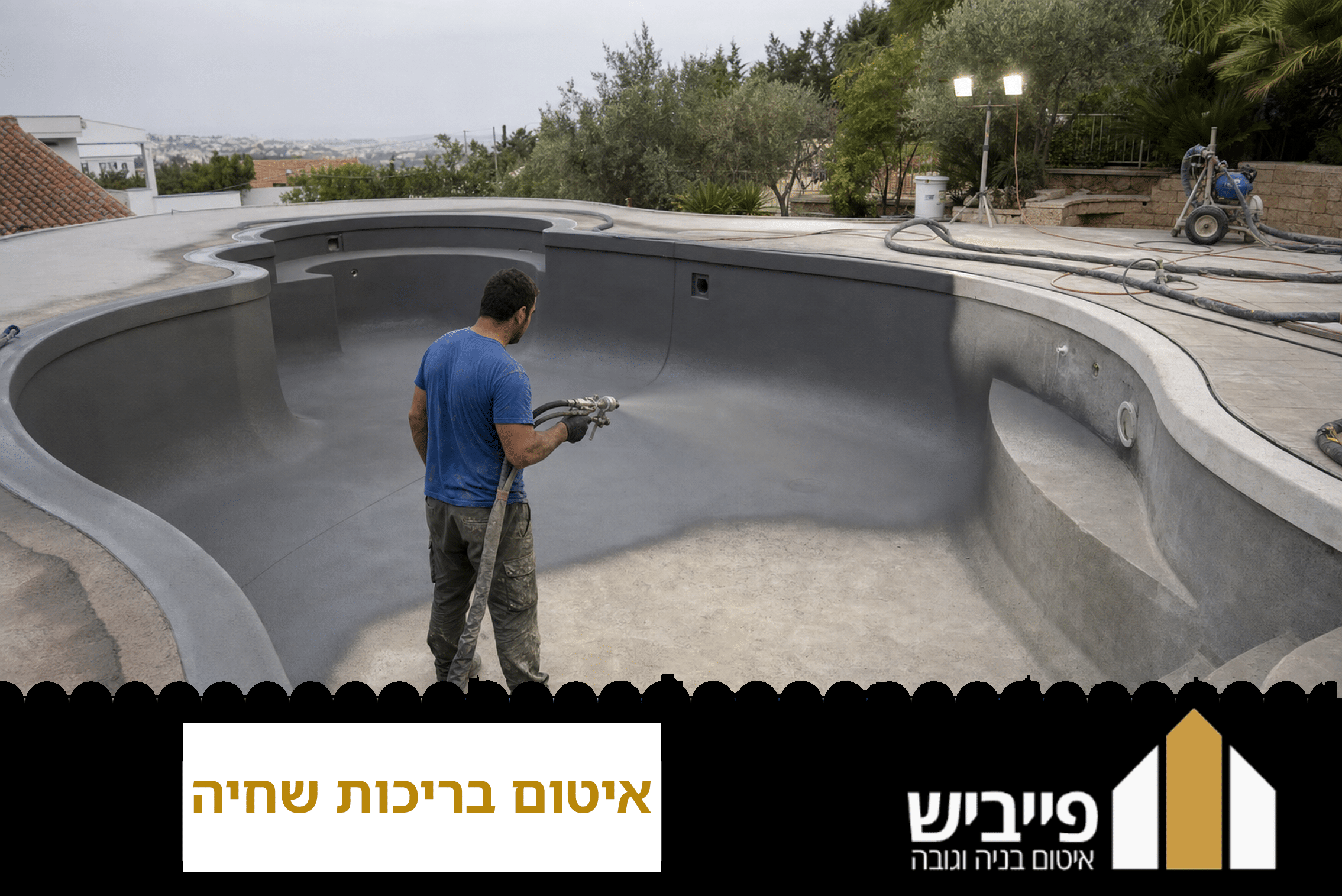 בריכת שחיה פרטית לאחר איטום מלא בפוליאוריטן מותז, ביצוע פייביש עם אחריות 7 שנים