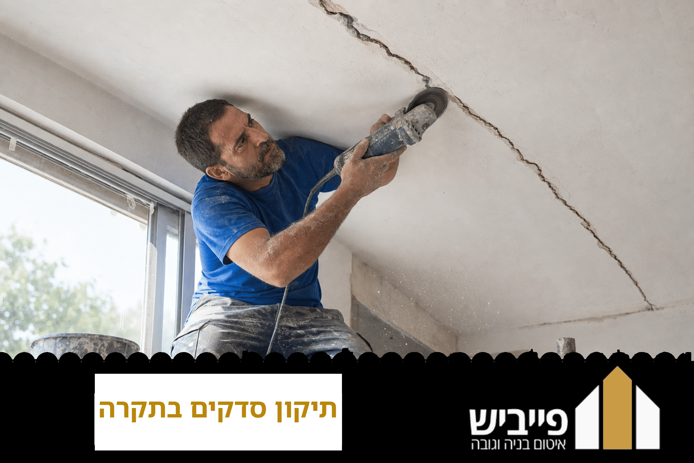 בדיקה מקצועית של סדק בתקרה עם מכשירי מדידה לקביעת רוחב ועומק הסדק לפני תהליך תיקון מלא