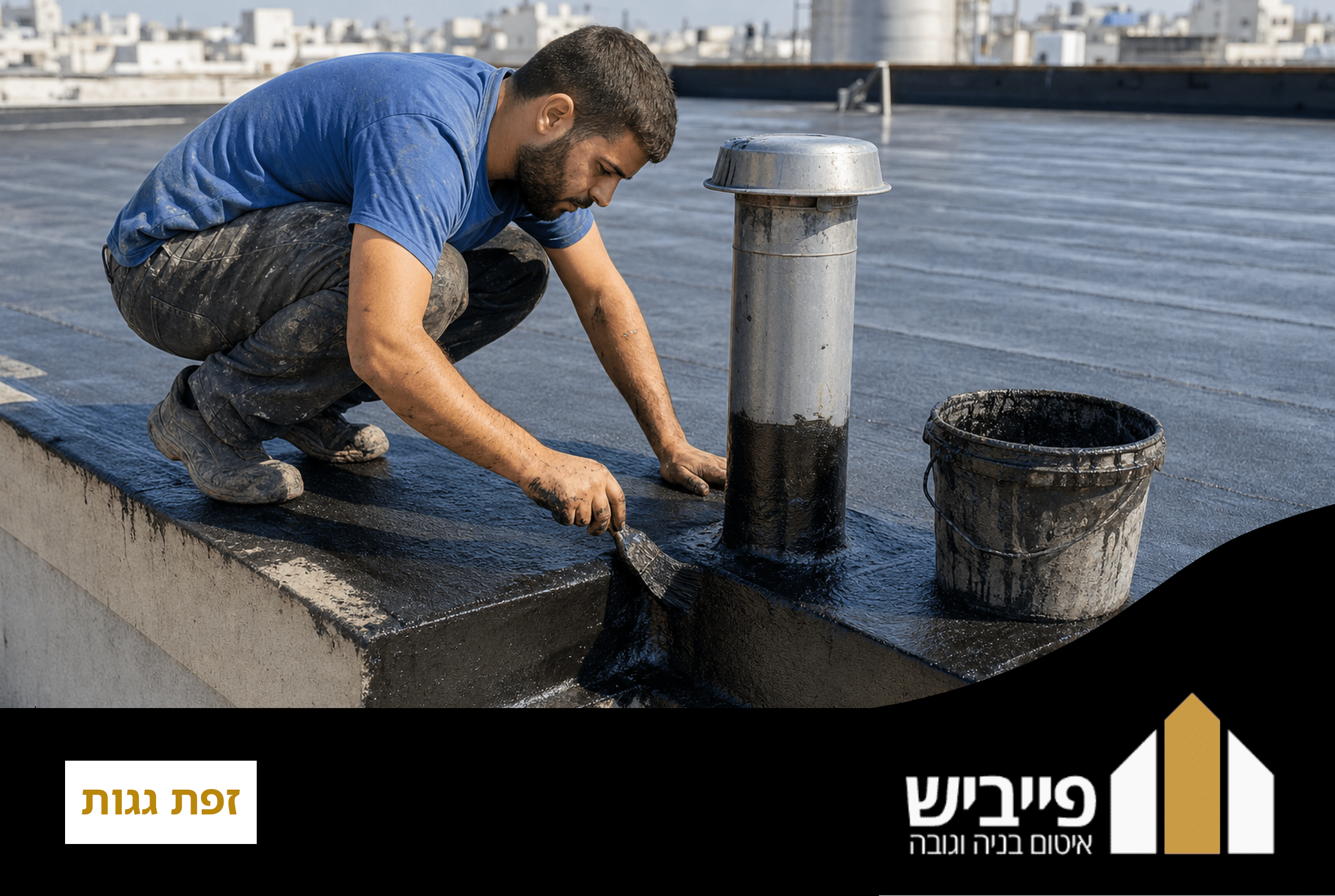זפת גגות שחור מבריק לאחר יישום על גג בטון, מערכת איטום עמידה למים לאורך שנים