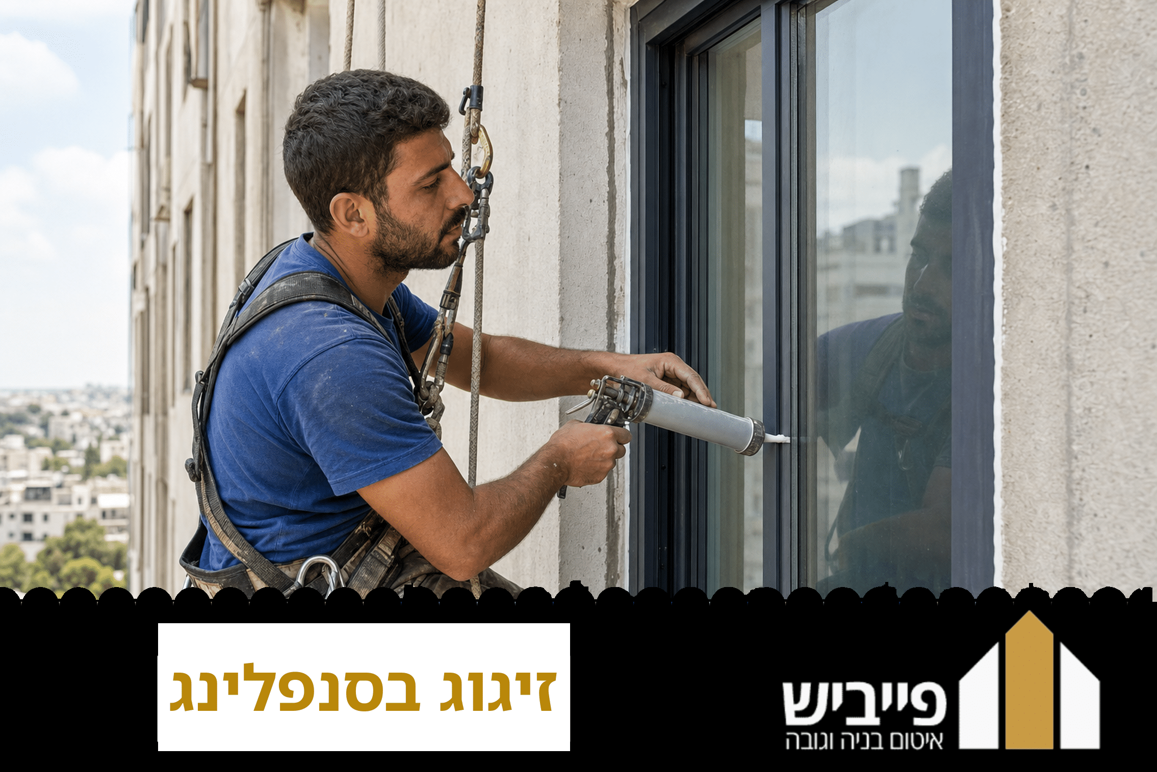 התקנת זיגוג בגובה באמצעות סנפלינג עם ציוד בטיחות מקצועי ונקודות עיגון מחוזקות
