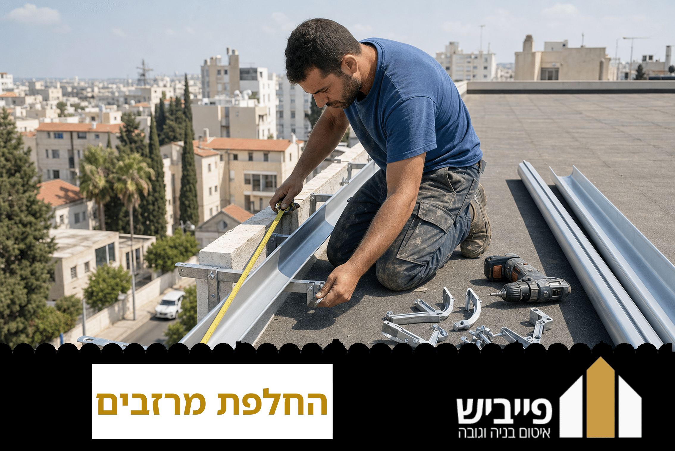 קבלן מחליף מרזב ישן במרזב אלומיניום חדש עם שיפוע נכון וצינור שפיכה, החלפת מרזבים בירושלים