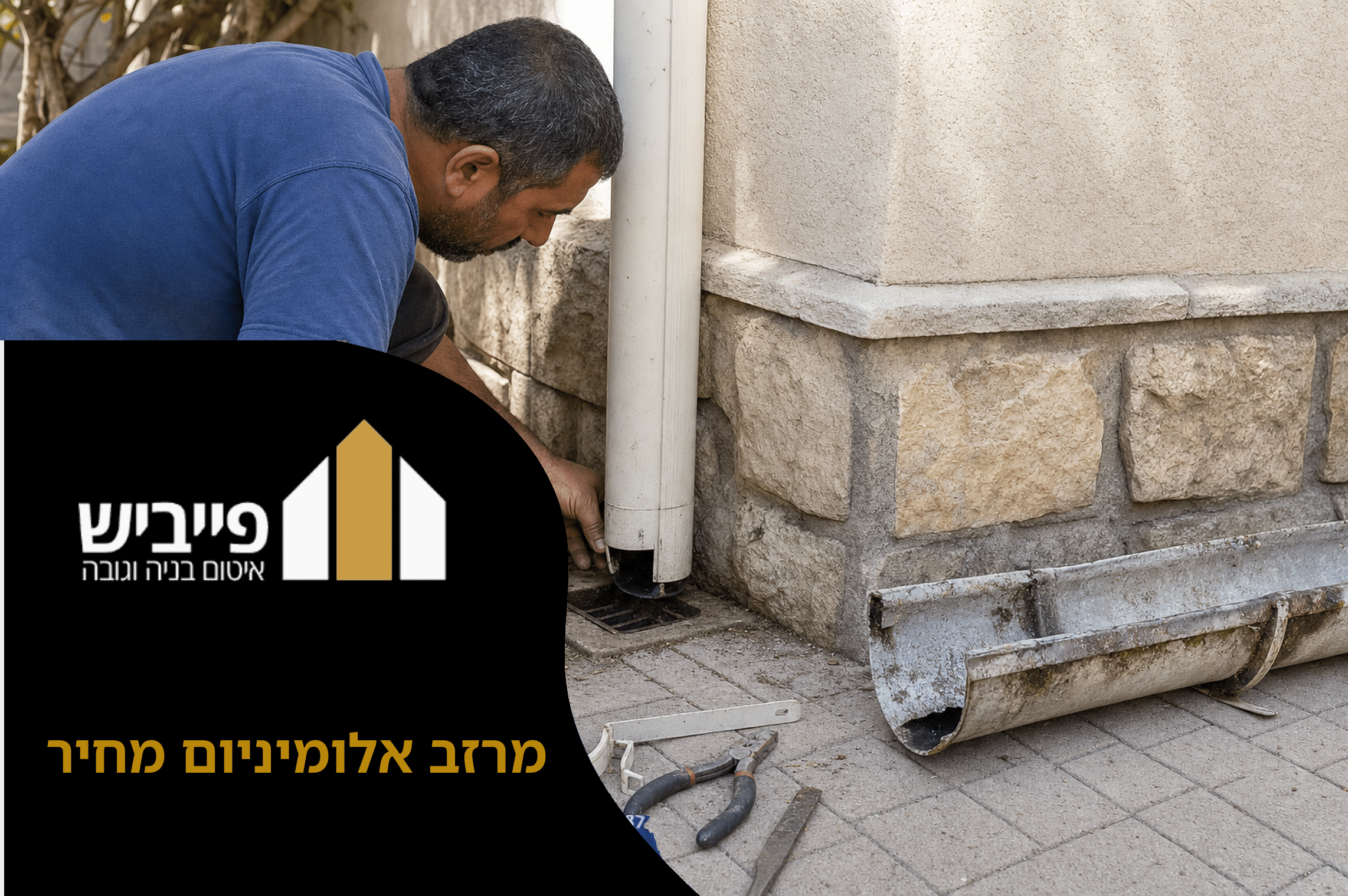 קבלן מקצועי מתקין מרזב אלומיניום בגובה, עם סוגרים איכותיים ושיפוע מדויק לניקוז מים