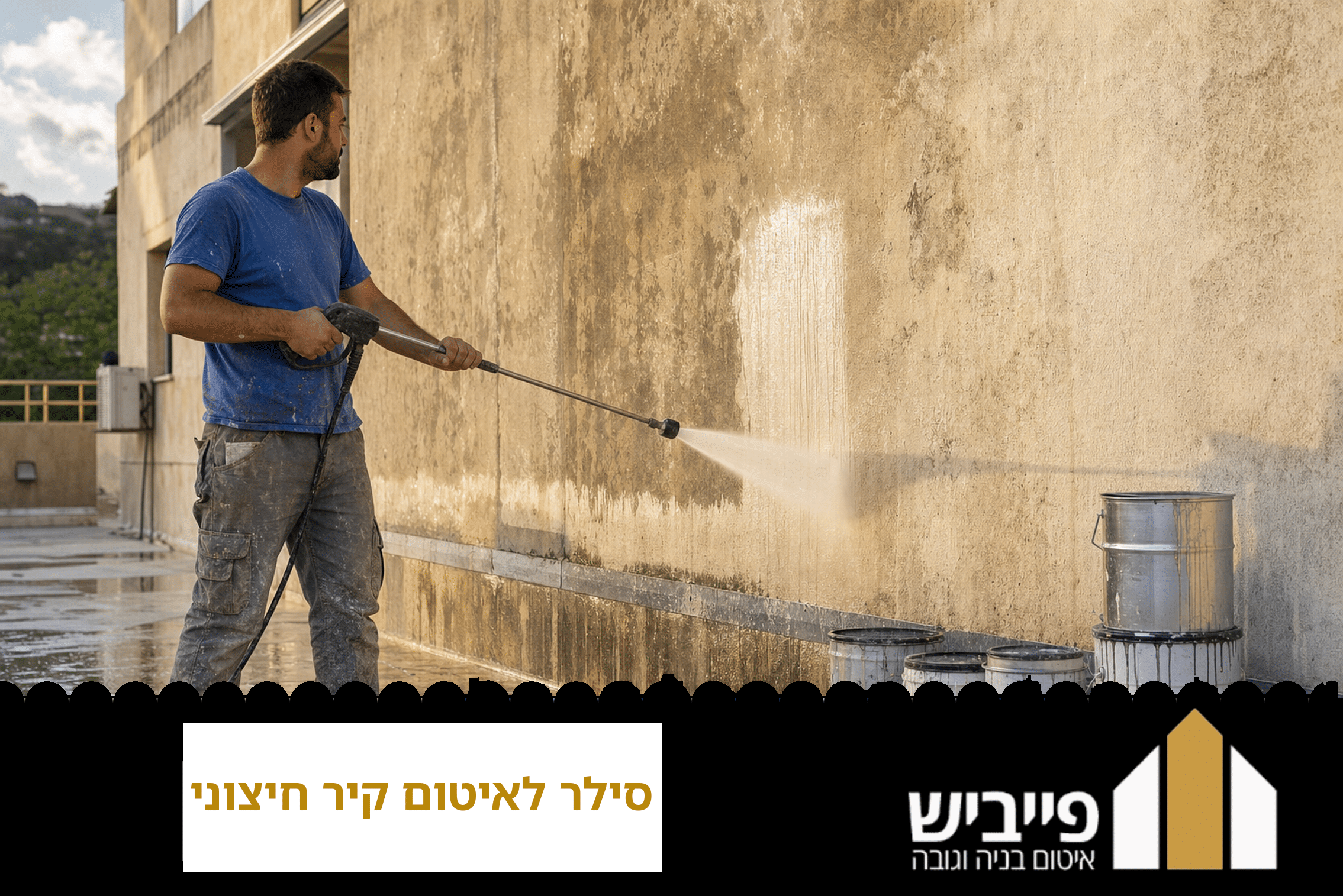 פועל מורח סילר לאיטום קיר חיצוני בבית קרקע בעזרת מברשת רחבה לכיסוי אחיד