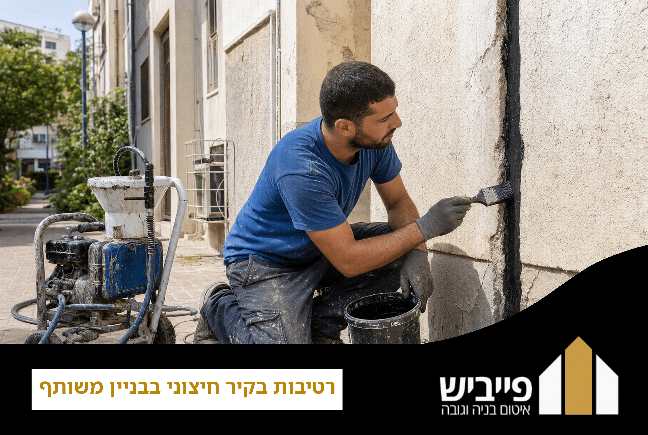 קבלן איטום מומחה מבצע איטום קיר חיצוני בבניין משותף כדי לפתור בעיית רטיבות בקירות, פייביש איטום בנייה וגובה