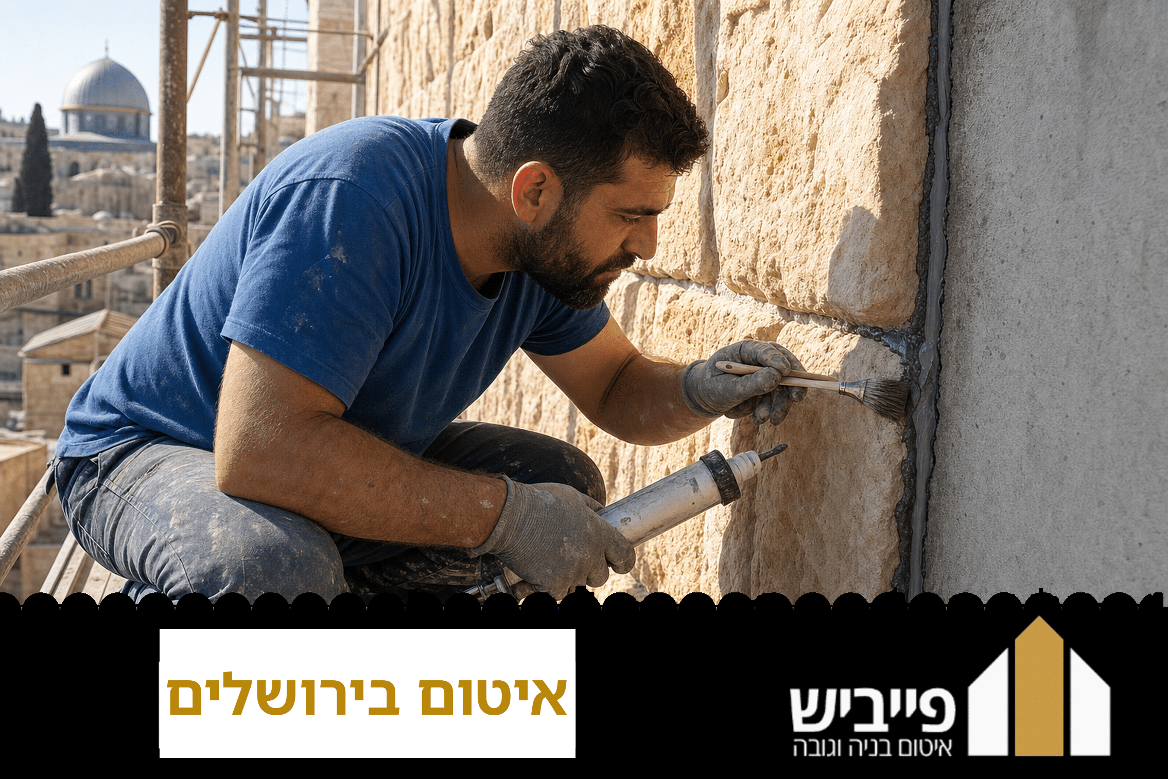 פרויקט איטום בירושלים סנפלינג על קיר חיצוני גבוה עם נוף לעיר העתיקה