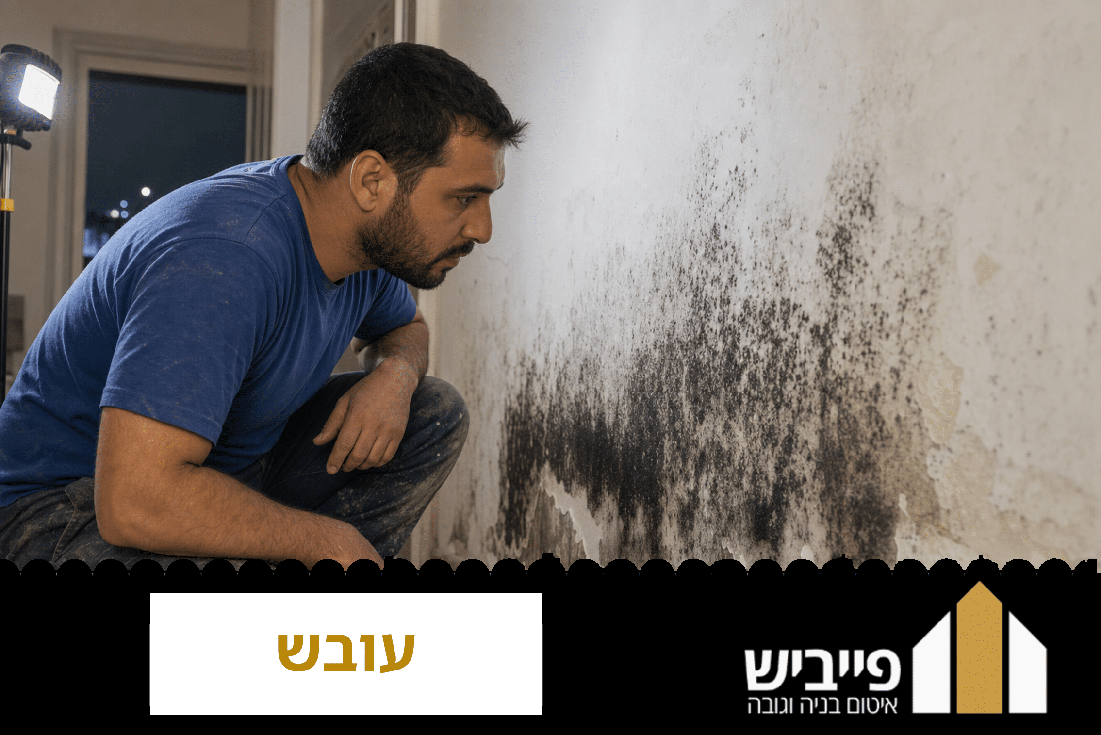 כתם עובש שחור על קיר גבס בחדר אמבטיה — דוגמה לנזק שנגרם מרטיבות ממושכת ודורש טיפול מקצועי מיידי