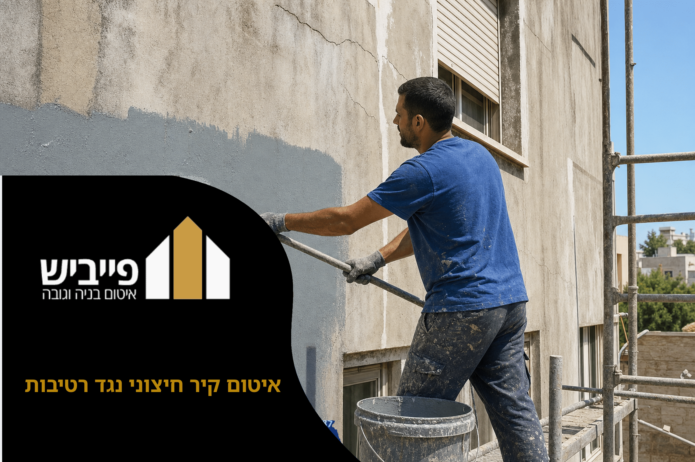 איטום קיר חיצוני נגד רטיבות בבניין מגורים עם ציפוי פוליאוריטן, ביצוע מקצועי על ידי פייביש