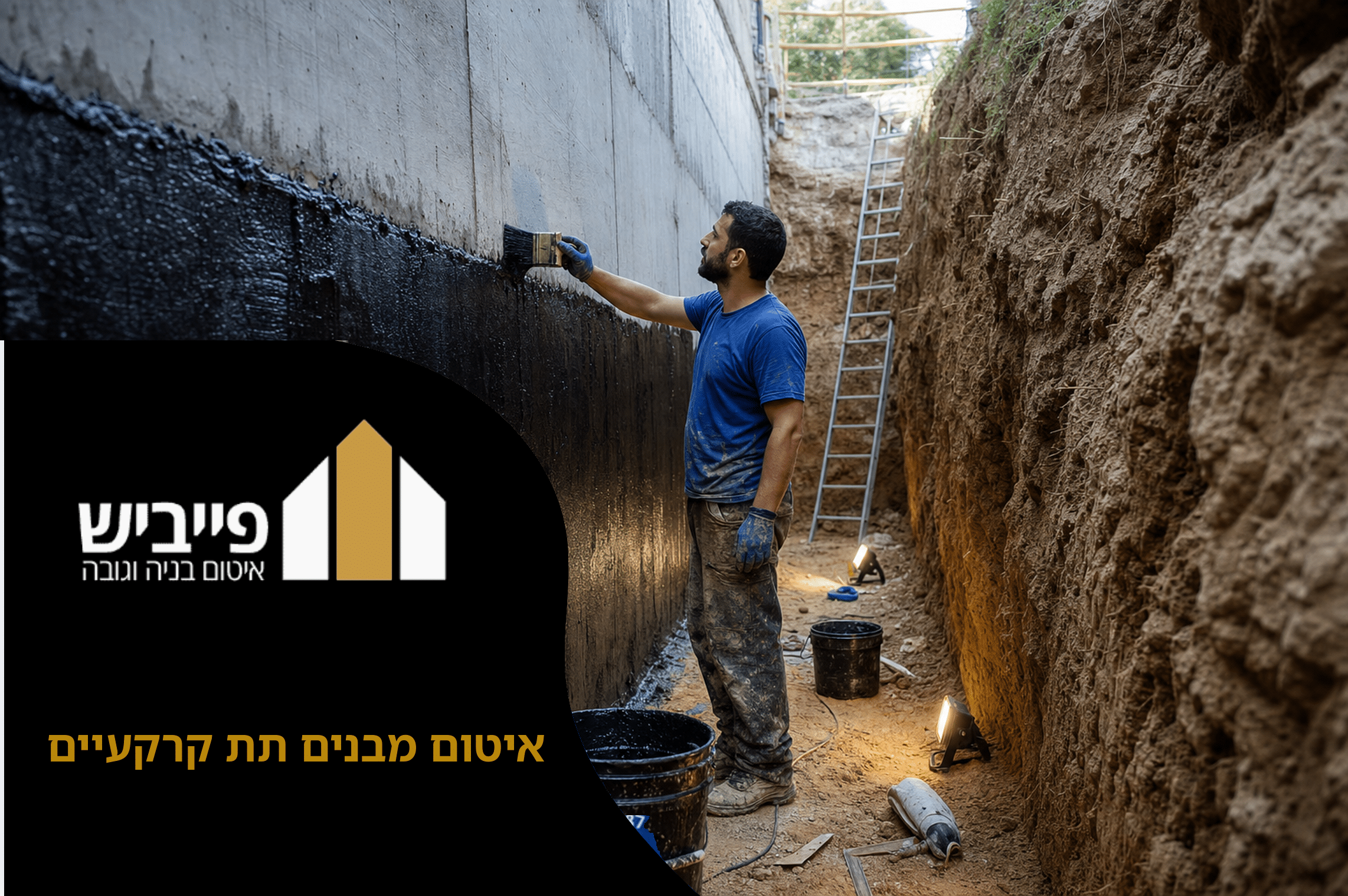 קיר מבנה תת קרקעי לאחר איטום חיצוני בשכבות ביטומן עם שכבת הגנה, מונע חדירת מים