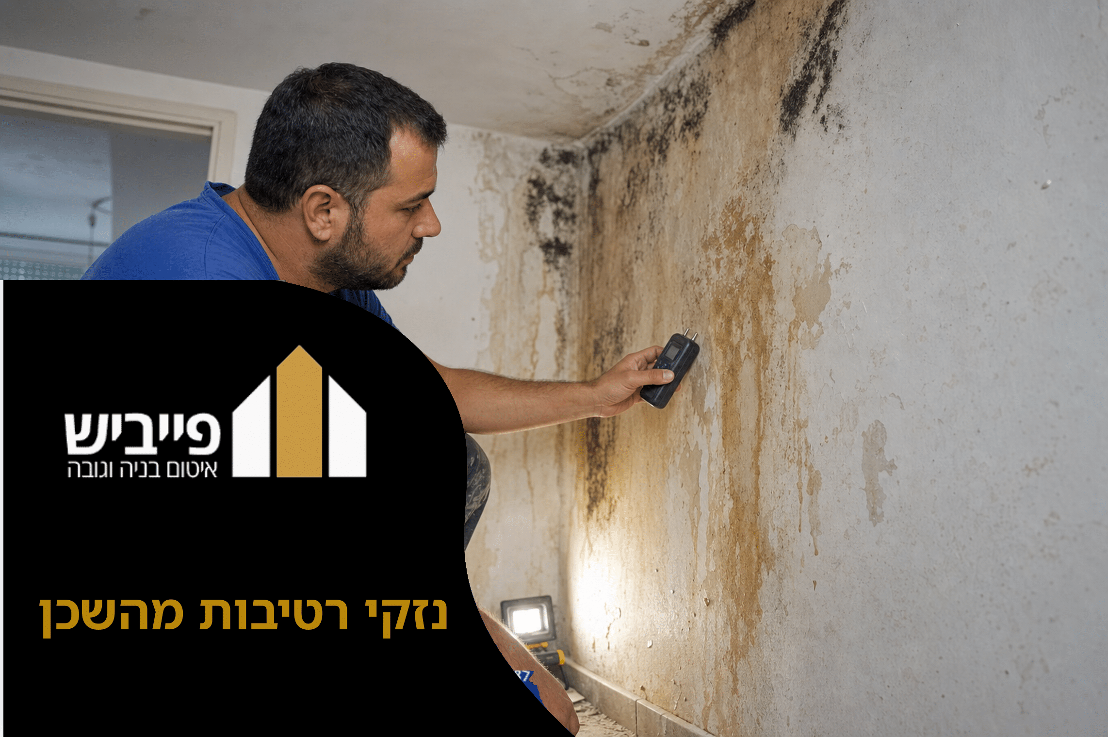 נזקי רטיבות מהשכן על קיר משותף עם כתמי מים ועובש