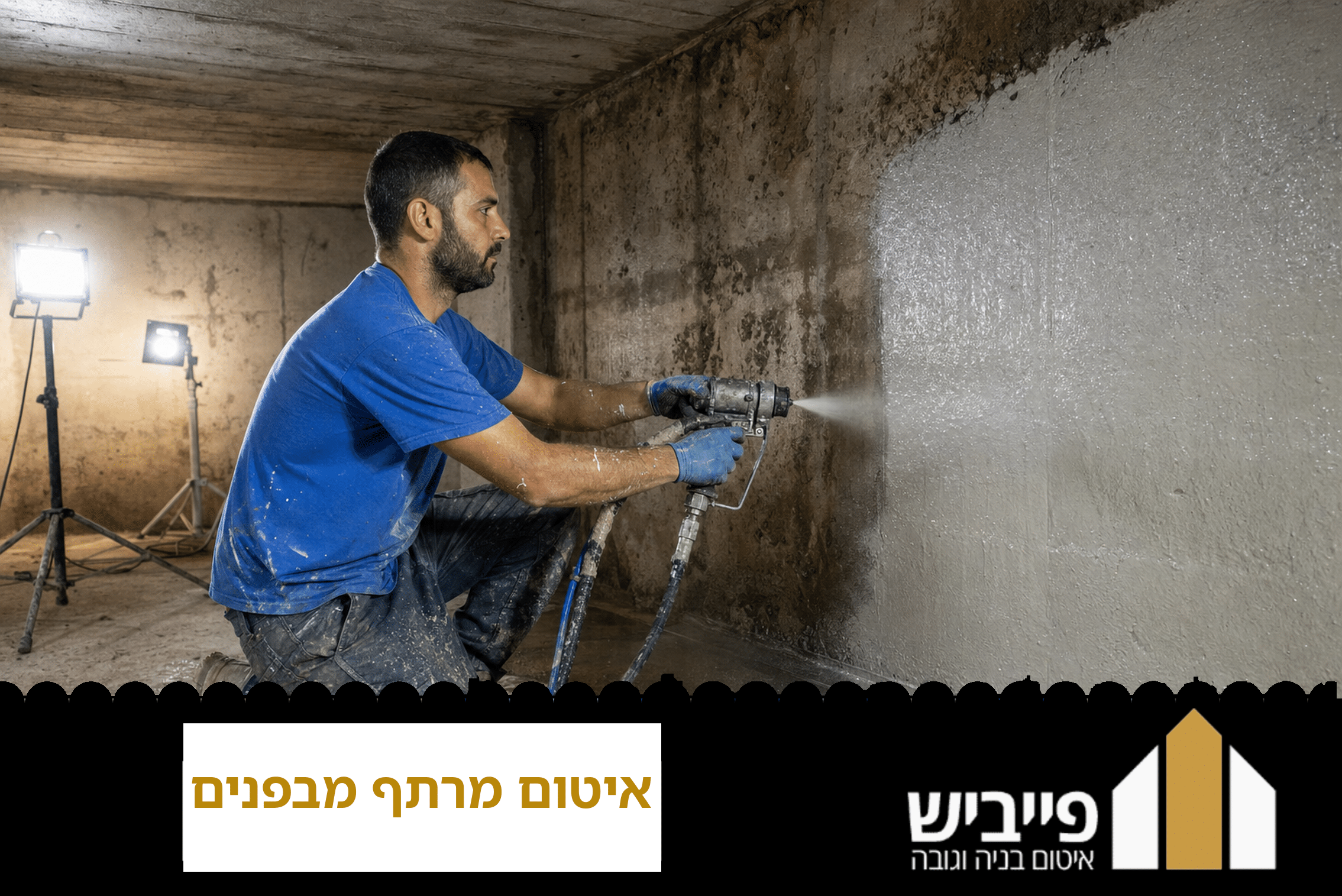 איטום מרתף מבפנים בהתזת פוליאוריטן על קיר בטון במרתף בניין מגורים, פייביש איטום בנייה וגובה