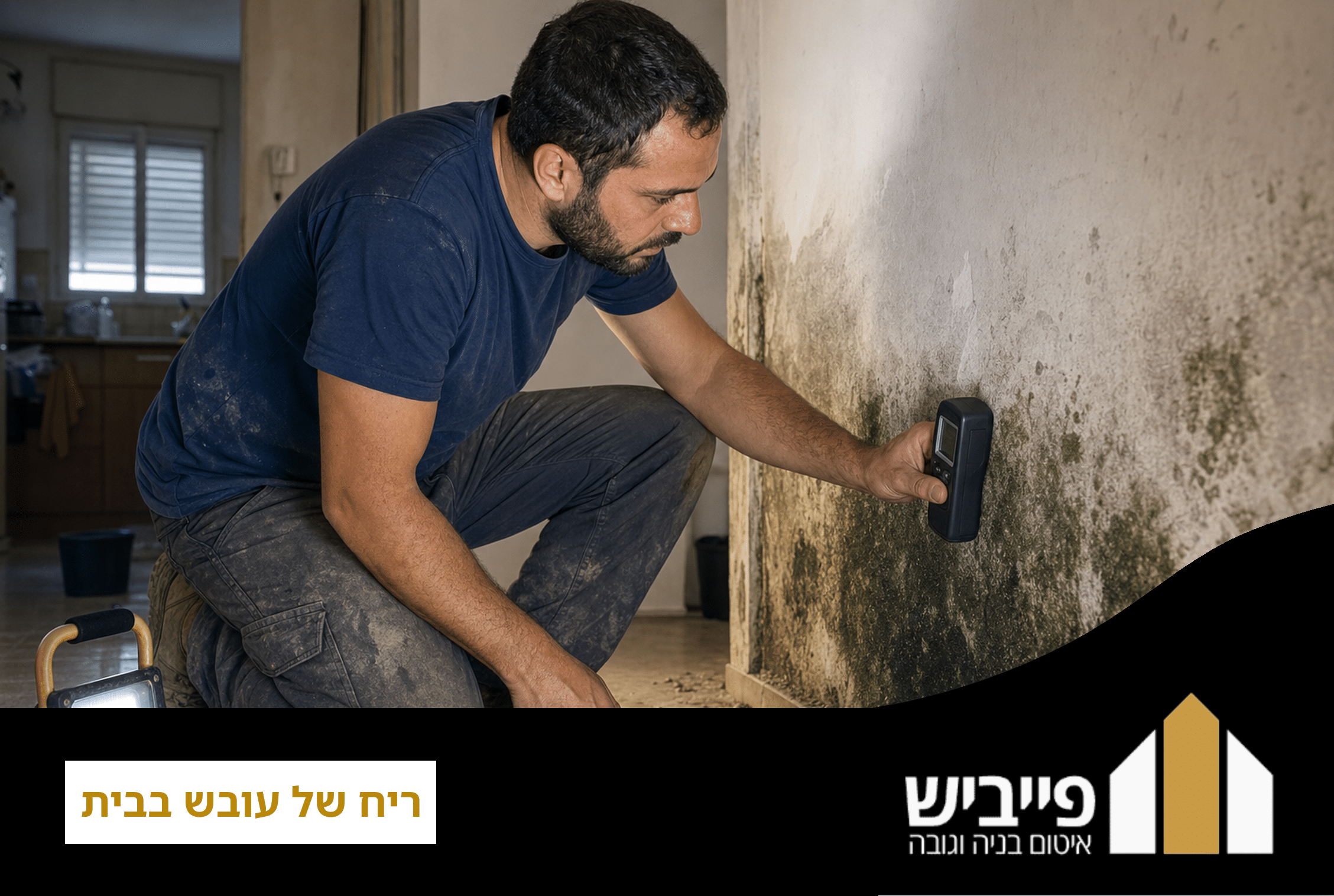 ריח של עובש בבית — זיהוי מקור הלחות באמצעות מד תרמוגרפי מקצועי בקיר פנימי