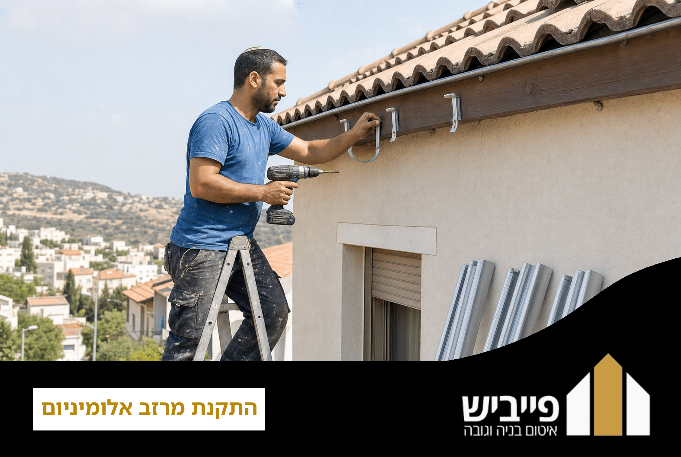 התקנת מרזב אלומיניום על גג בית פרטי עם תומכים מעוגנים בפאזיה וצנרת ניקוז אנכית