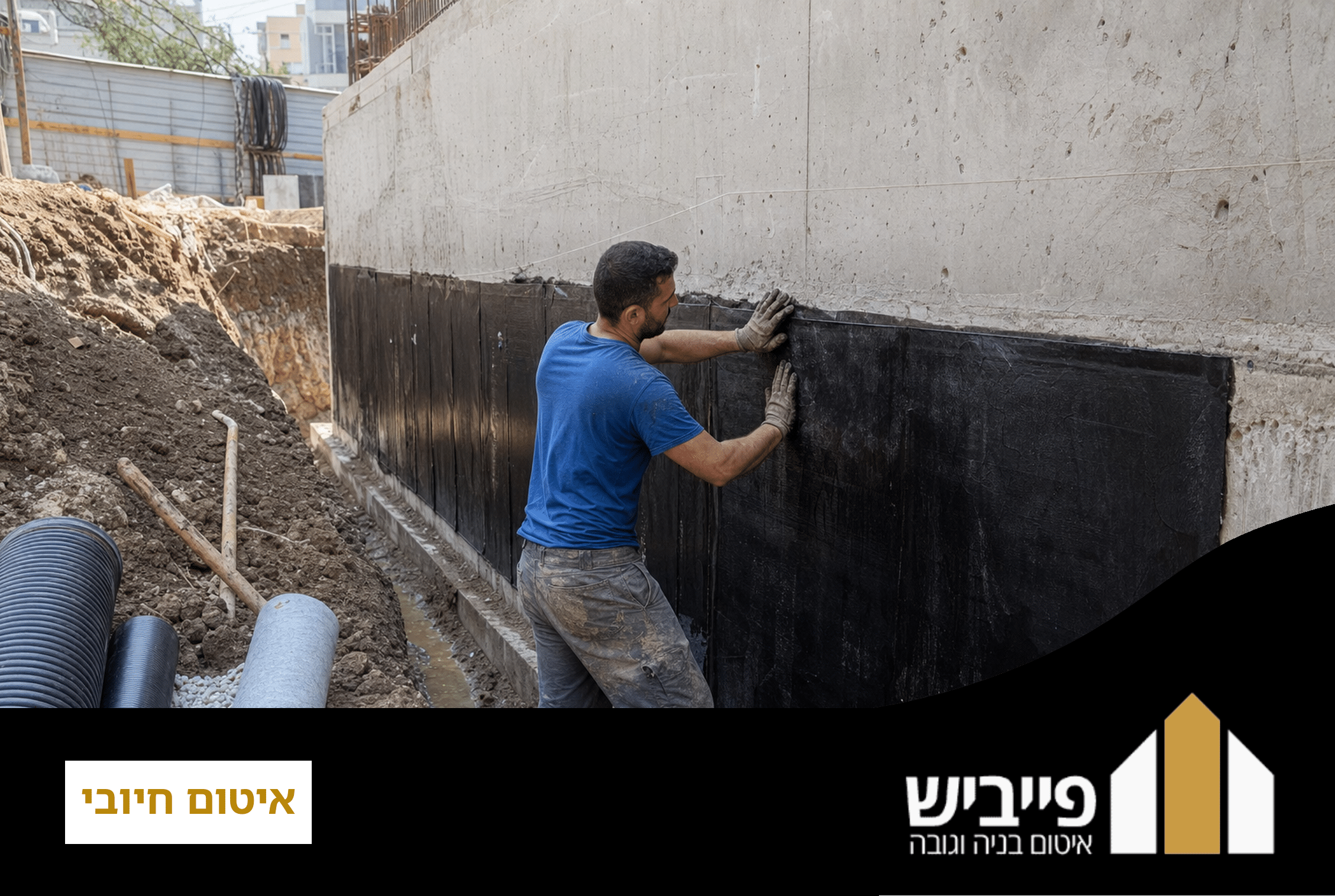 איטום חיובי בקיר מרתף חיצוני, עם יריעות ביטומניות ושכבת הגנה — פייביש איטום מקצועי