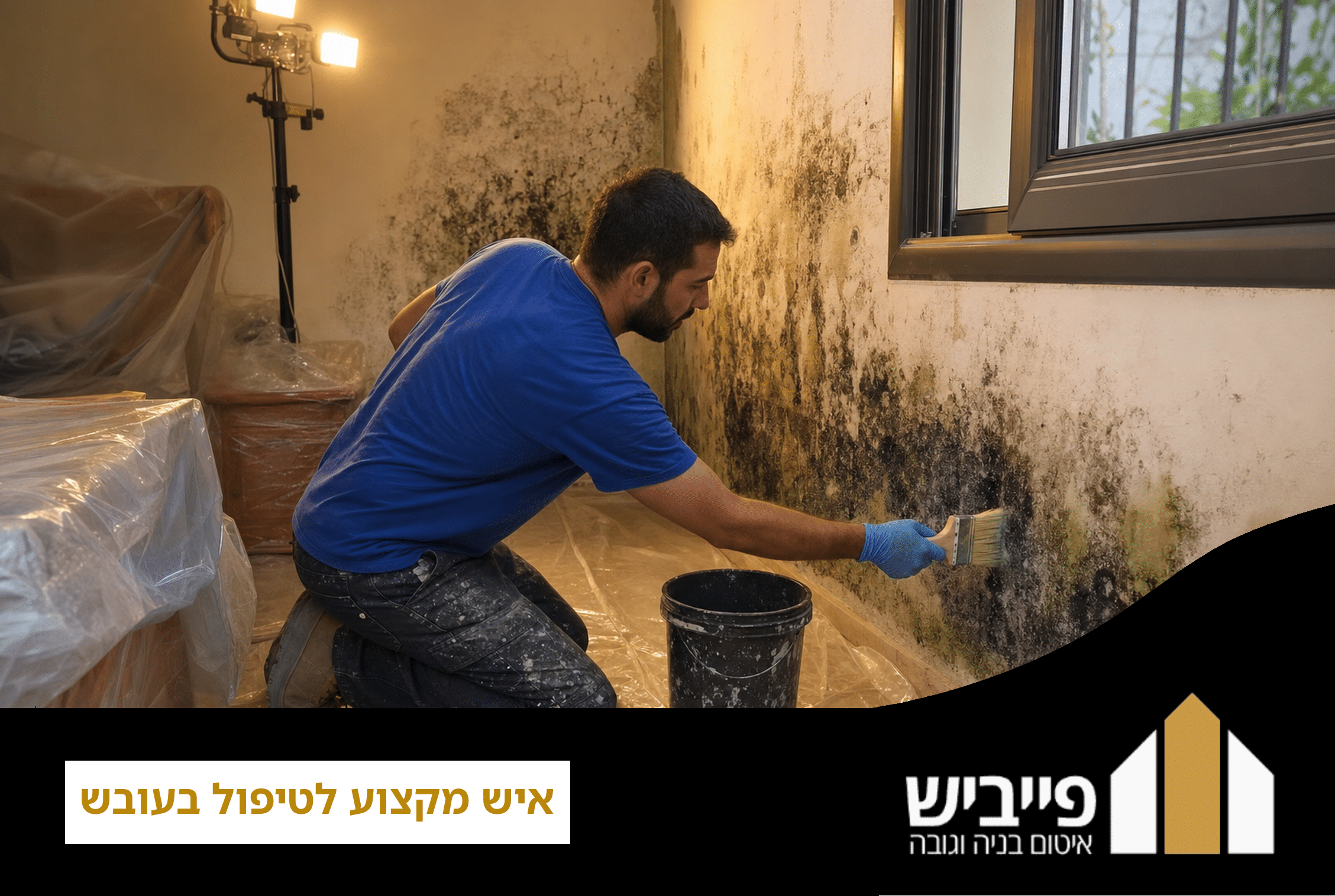 איש מקצוע לטיפול בעובש מבצע אבחון וזיהוי מקור רטיבות בקיר חדר שינה עם ציוד מקצועי