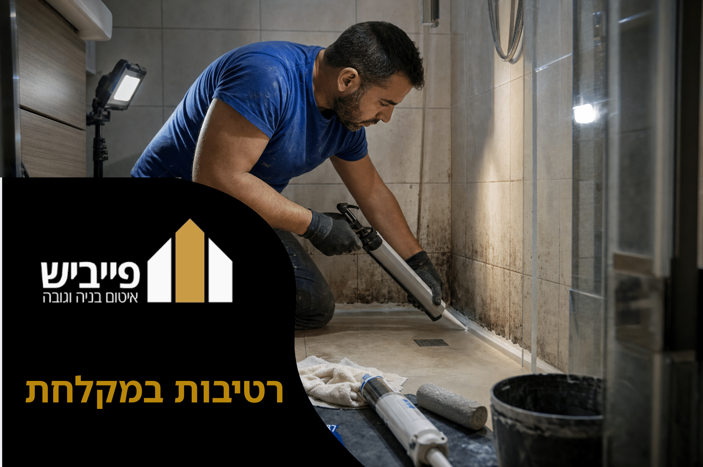 רטיבות במקלחת — כתם רטיבות כהה על קיר מקלחת לבן עם אריחים, המצביע על איטום לקוי וצורך בטיפול מקצועי