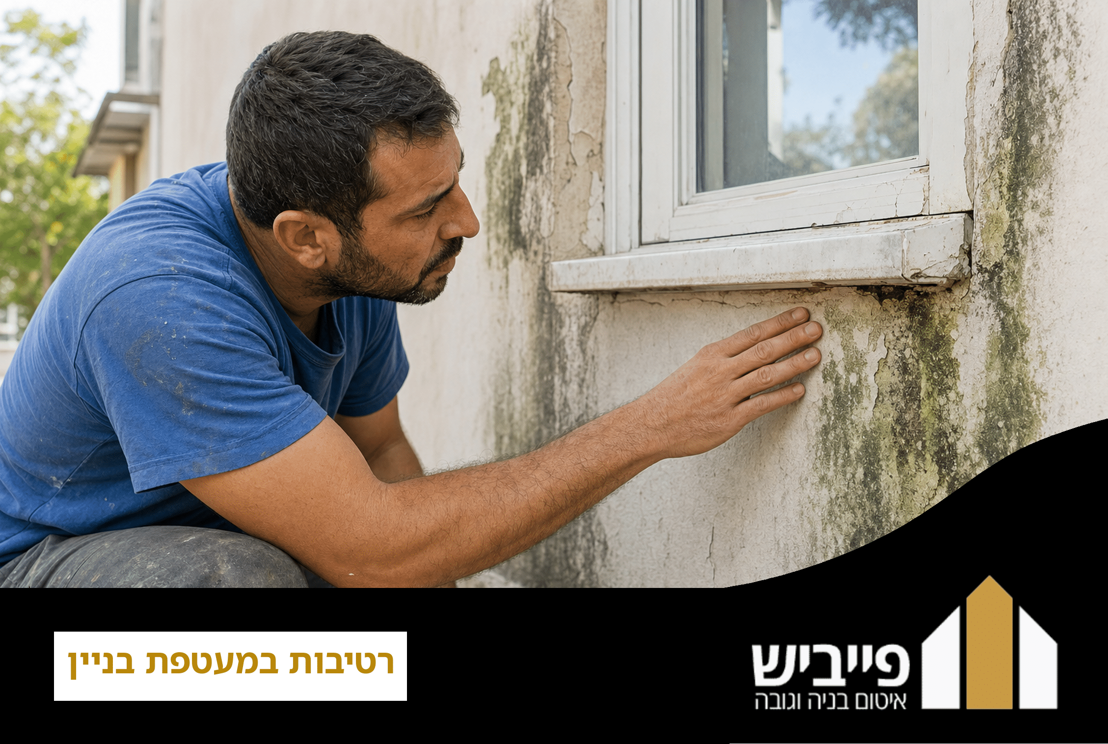 רטיבות במעטפת בניין על קיר חיצוני עם כתמים כהים וסדקים — טיפול מקצועי בפייביש למניעת נזילות