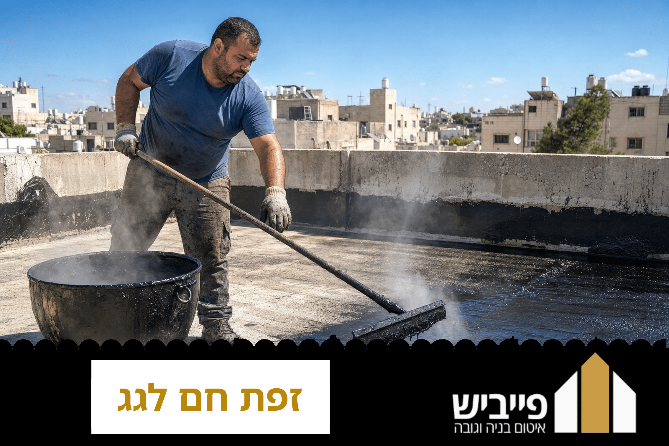 קבלן מבצע איטום גג בזפת חם על גג שטוח בירושלים, מריחה בשכבות עבות עם כלי מקצועי לאיטום מלא