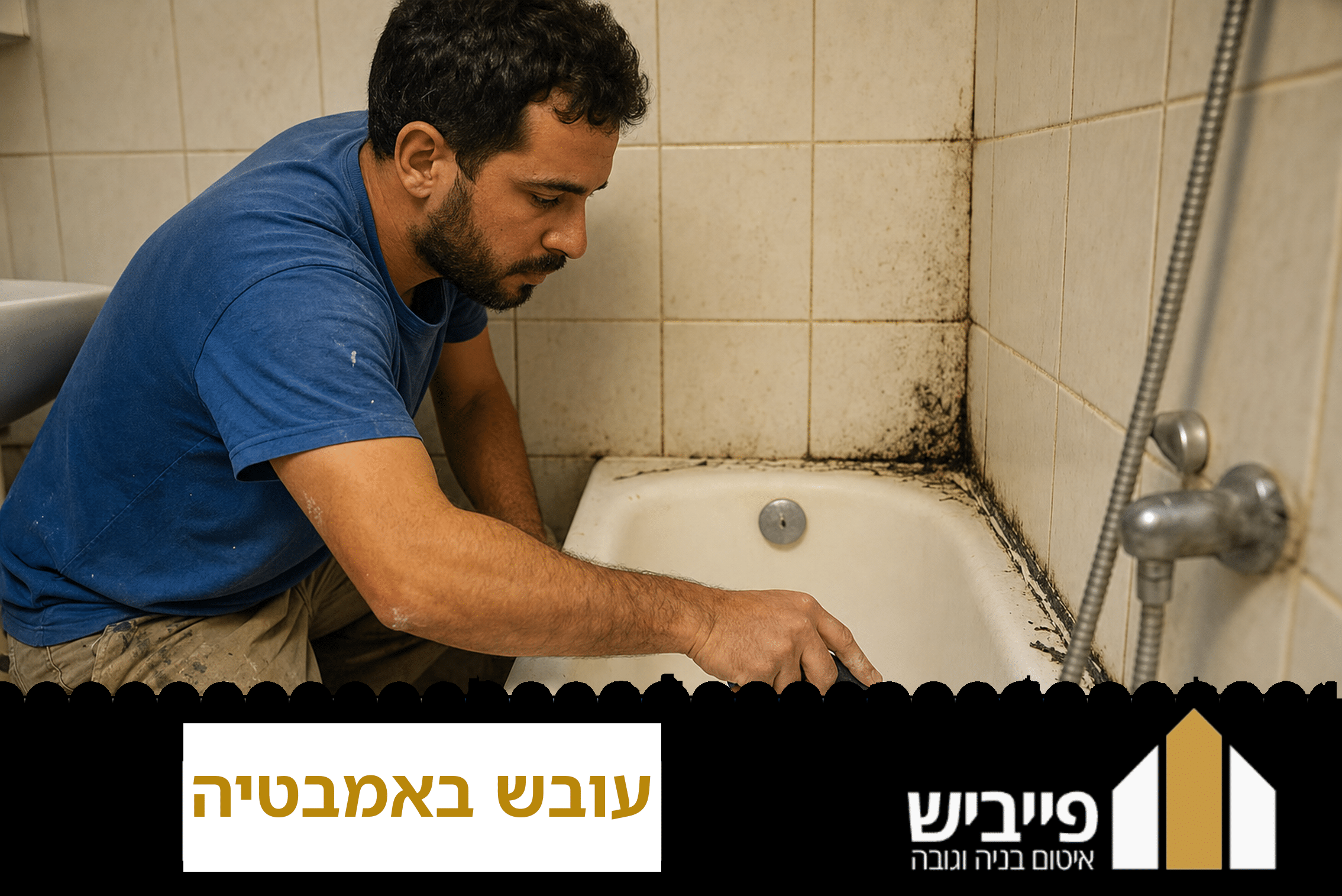 כתם עובש שחור על חיבורי אריחים באמבטיה עם סיליקון פגום — סימן לאיטום לקוי וצורך בטיפול מקצועי