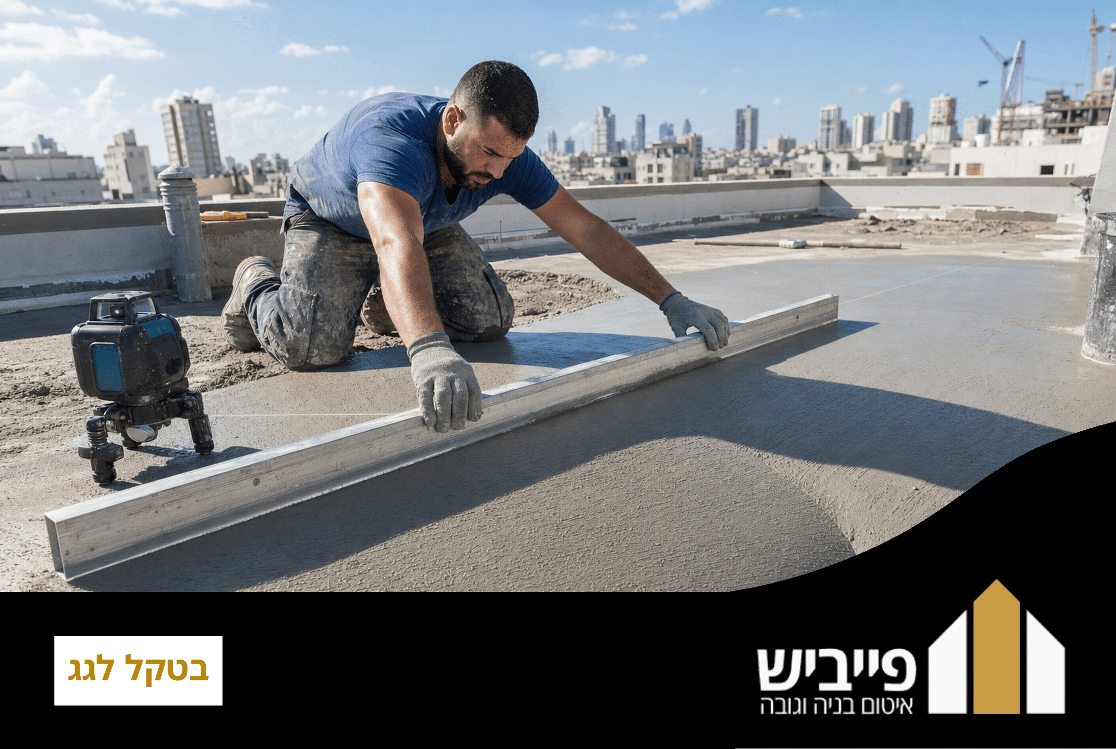 בטקל לגג שטוח בתהליך יציקה עם סרגל החלקה ליצירת שיפוע מדויק לניקוז מים