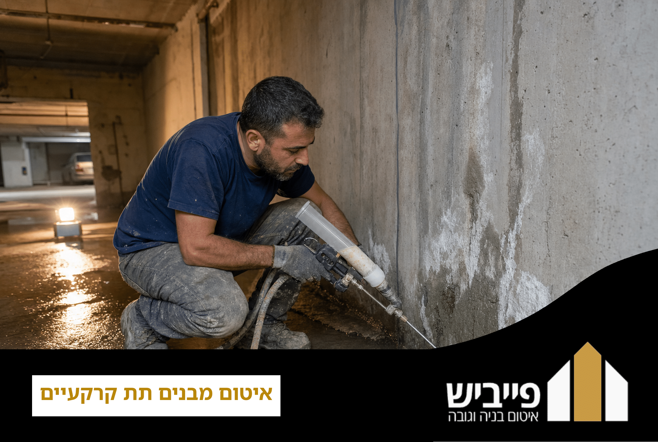 פועל מורח איטום על קיר מרתף חשוף לאחר חפירה, חלק מתהליך איטום מבנים תת קרקעיים מקצועי