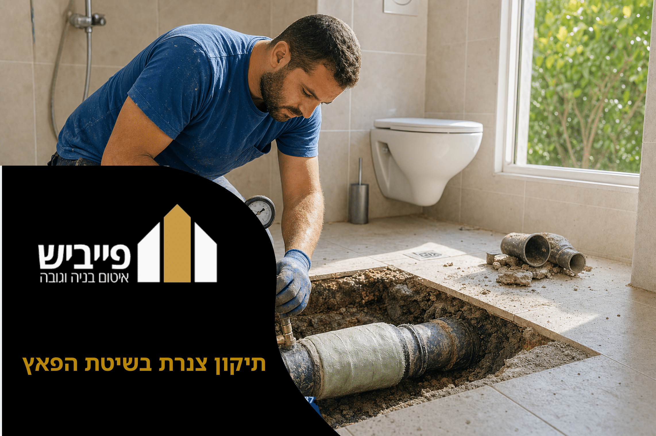 תיקון צנרת בשיטת הפאץ בביצוע, הכנסת שרוול גמיש ספוג בשרף לצינור ביוב, עבודה מקצועית ללא הרס — פייביש קבלן 38555